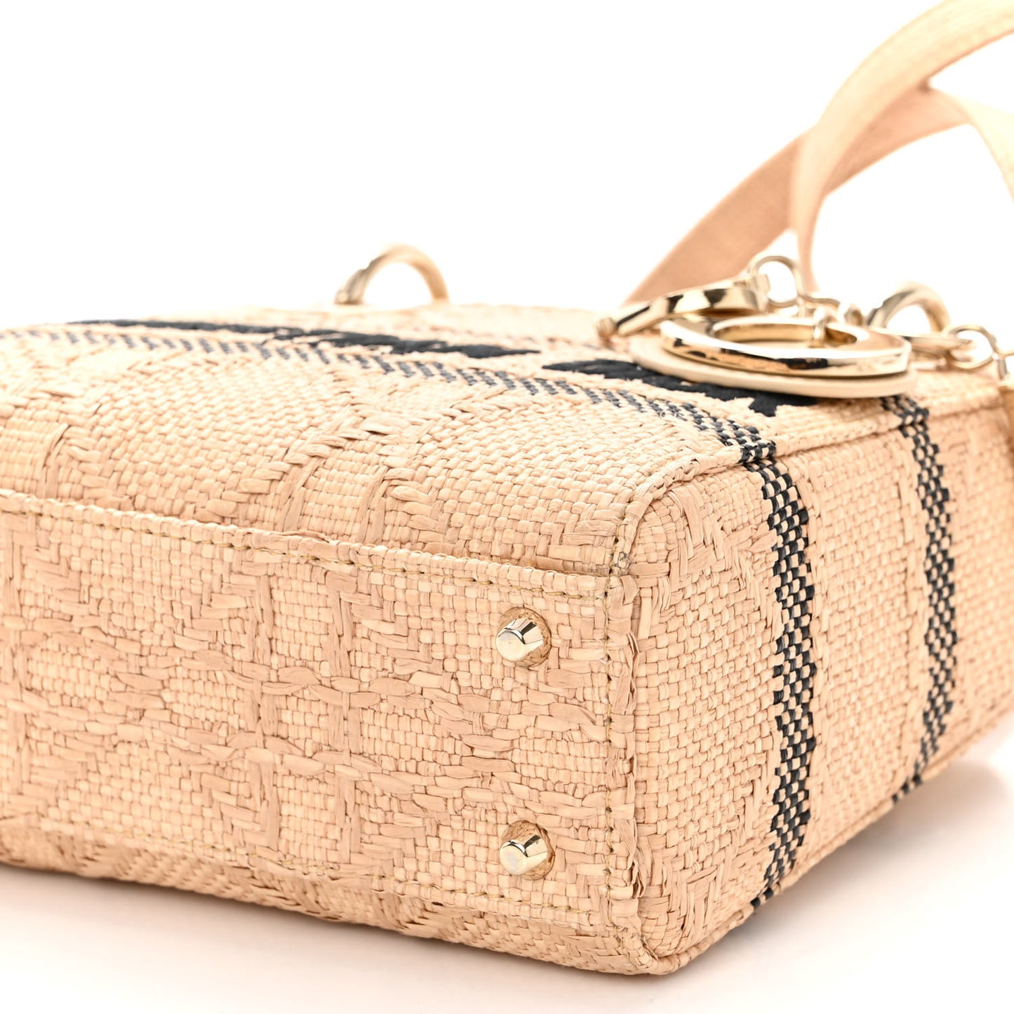 Raffia Woven Cannage Embroidered Mini Lady D-Lite Natural Black