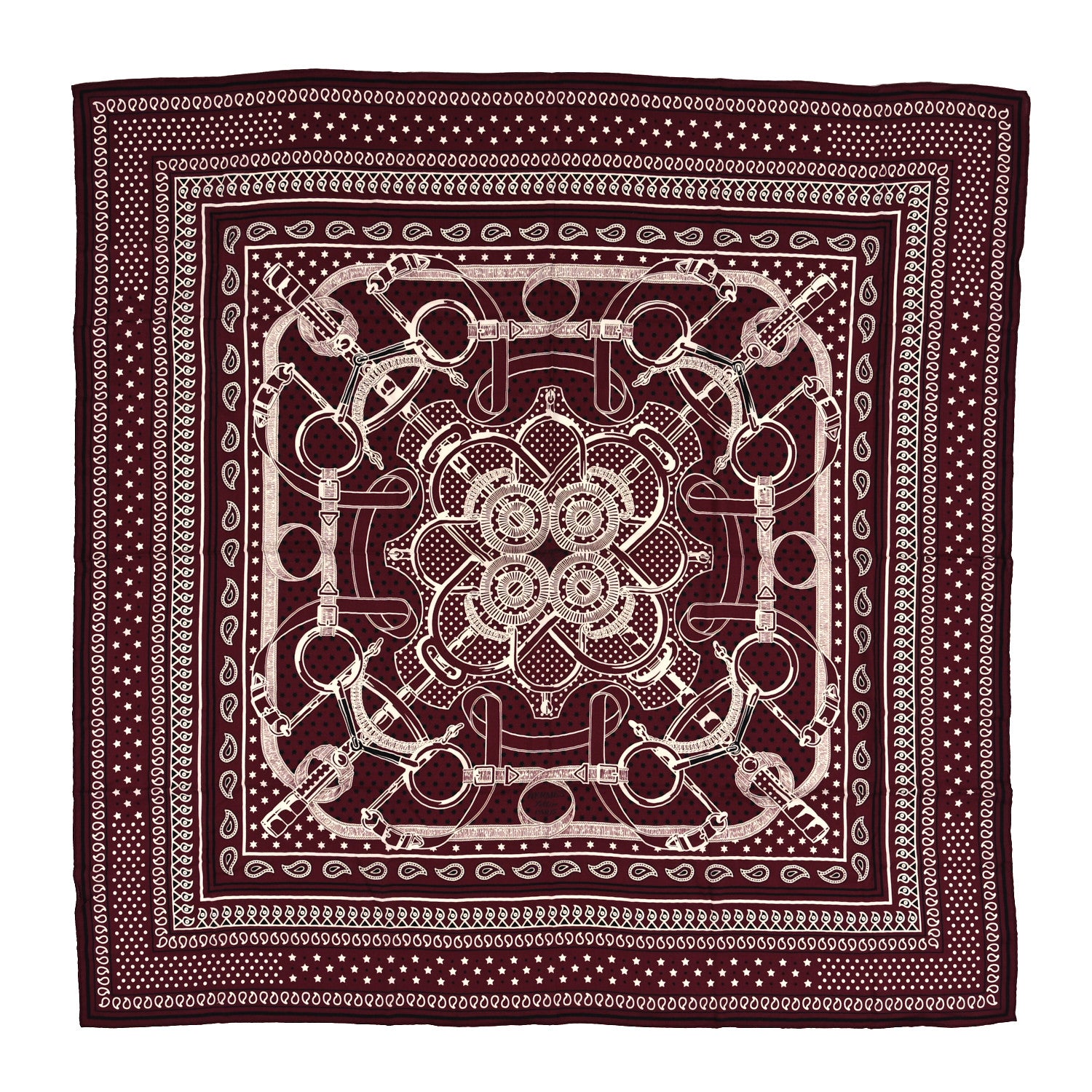 Hermes Cashmere Silk Eperon D'Or Bandana Shawl 140 Bordeaux