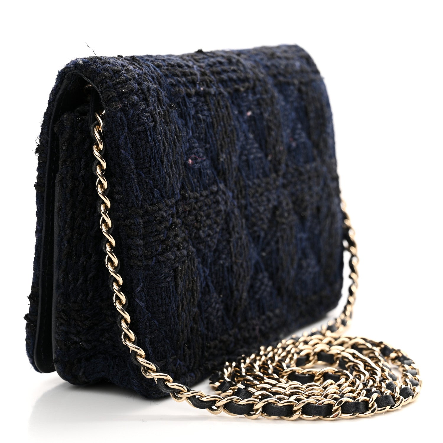 Chanel Tweed Shearling Quilted Chanel Wallet On Chain WOC Navy Black 3 of 16