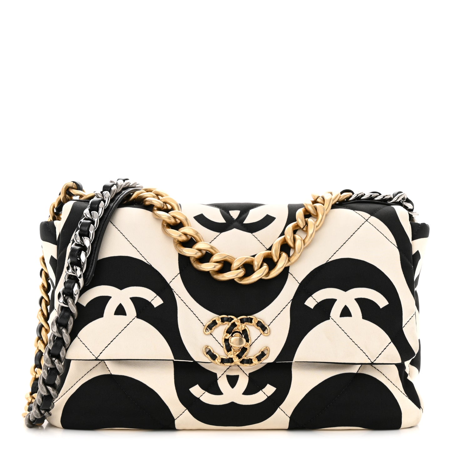 Fabric Printed Large Chanel 19 Flap Black Ecru