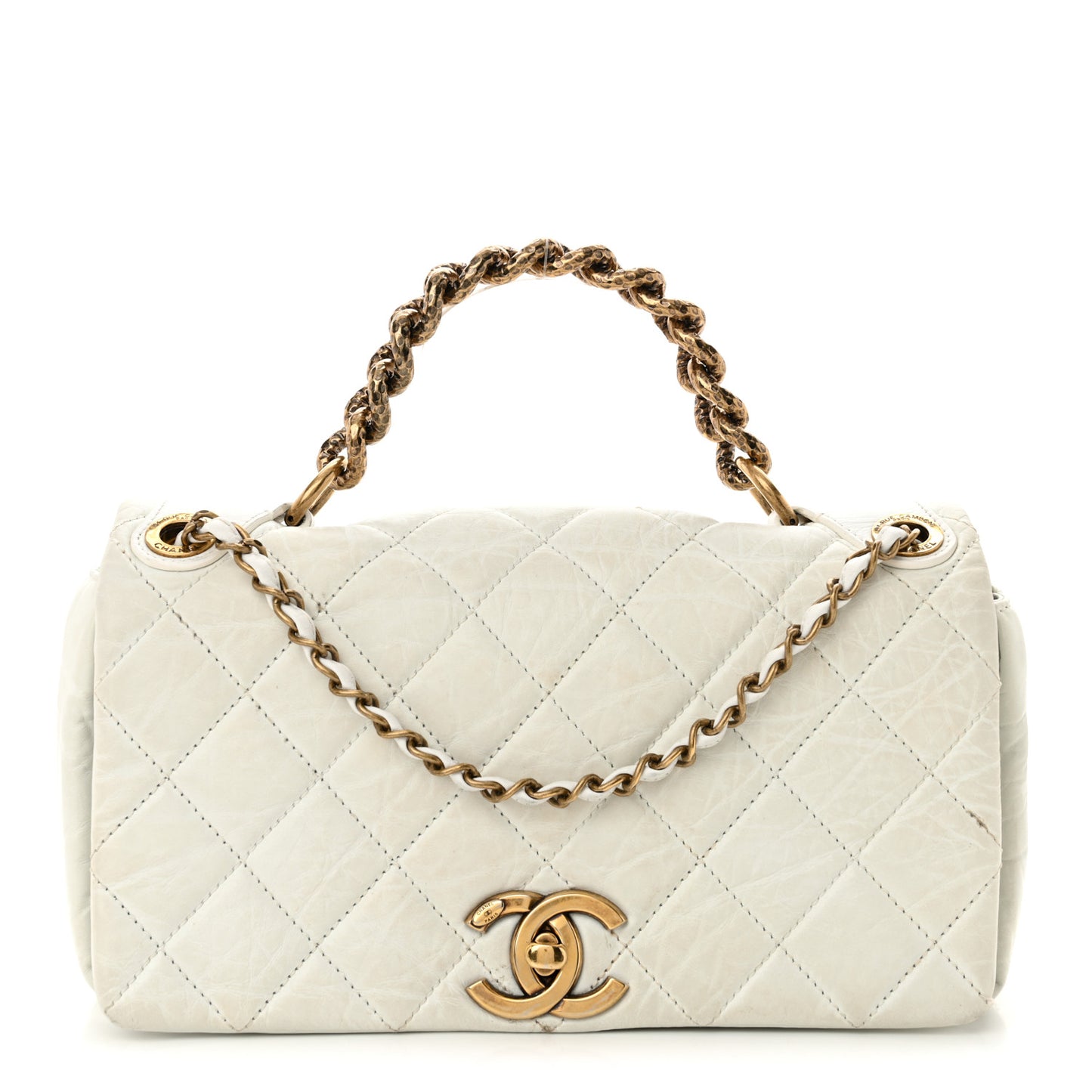 Aged Calfskin Quilted Medium Pondichery Flap White