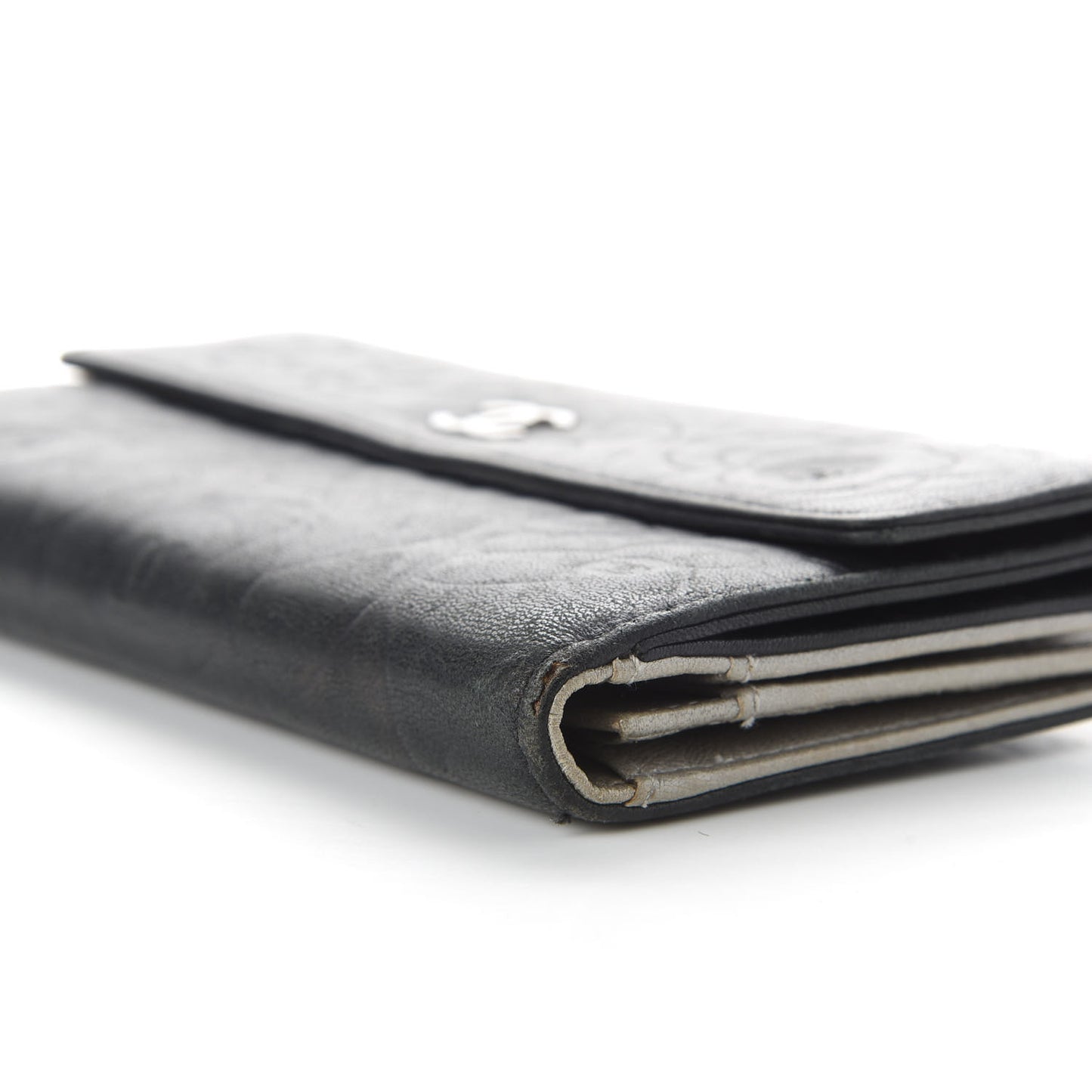Lambskin Camellia Embossed Large Flap Wallet Black