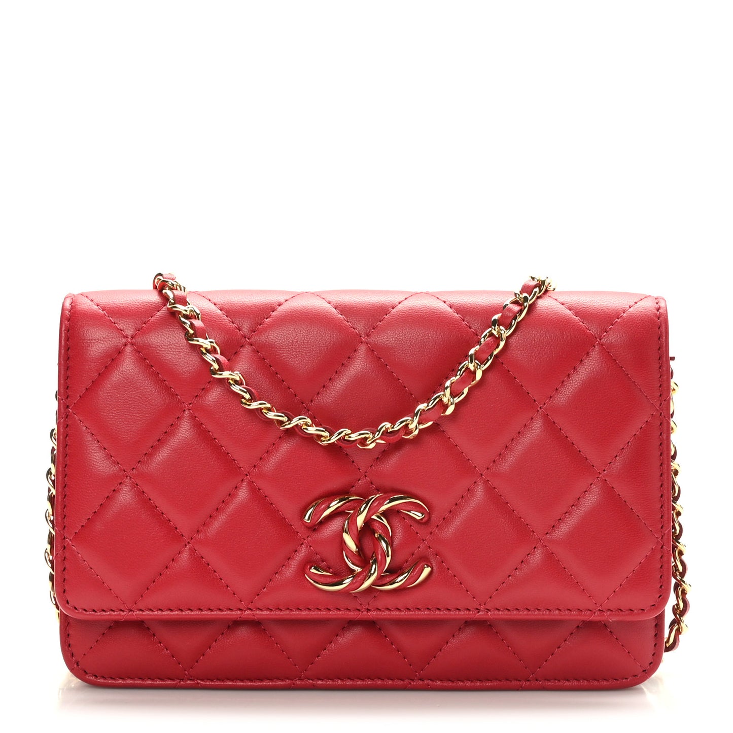 Lambskin Quilted Twisted CC Wallet On Chain WOC Red