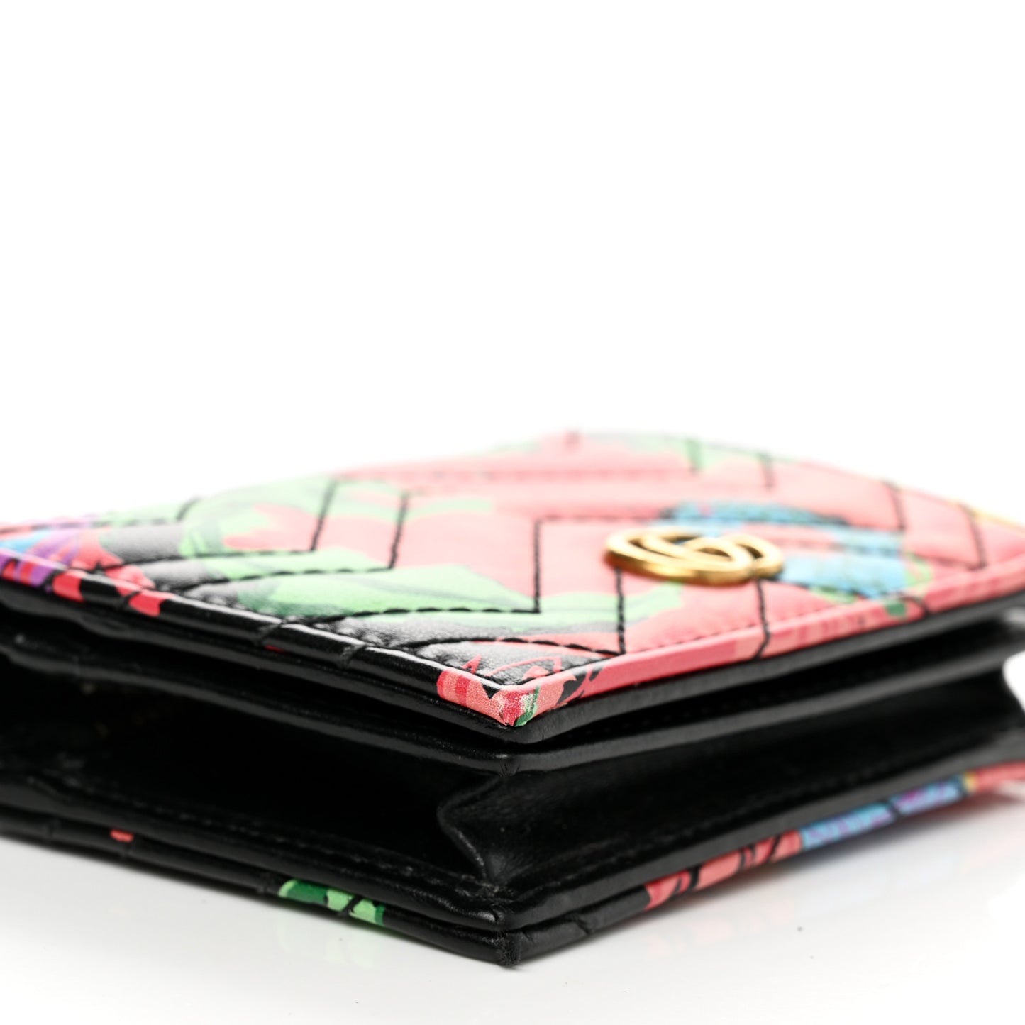 X KEN SCOTT Calfskin Matelasse Floral Print GG Marmont Card Case Wallet Black