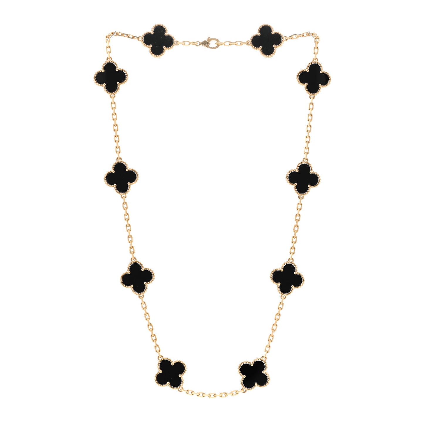 18K Yellow Gold Black Onyx 10 Motifs Vintage Alhambra Necklace
