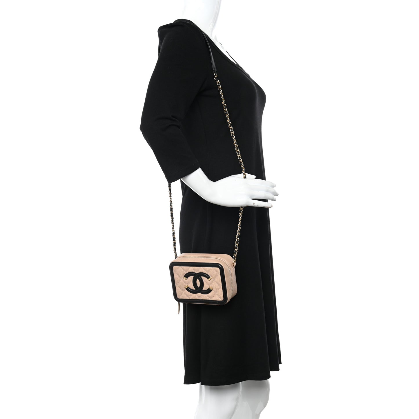 Caviar Quilted CC Filigree Vanity Clutch With Chain Beige Black