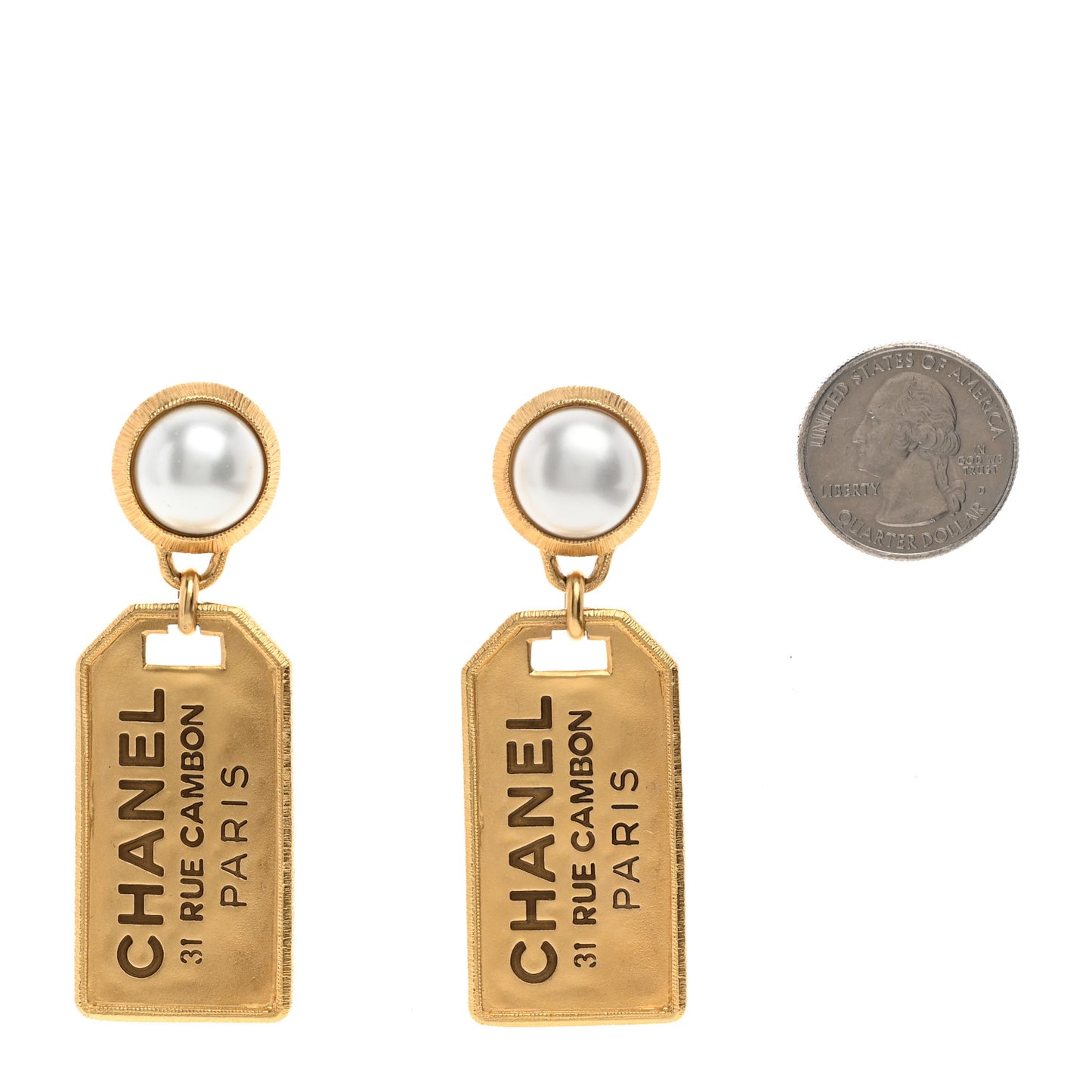 Pearl CC Tags Drop Earrings Gold