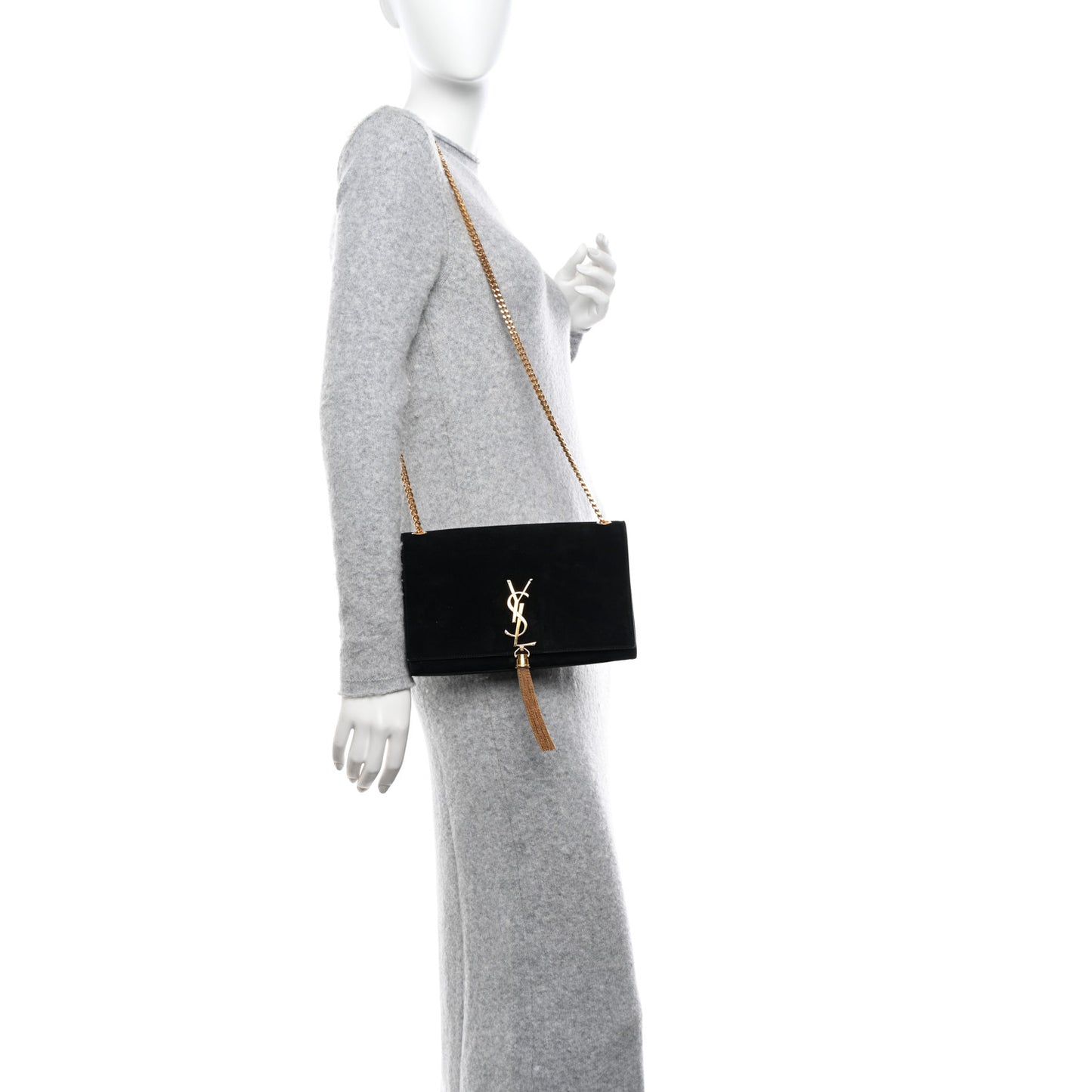 Suede Medium Classic Monogram Kate Tassel Satchel Black