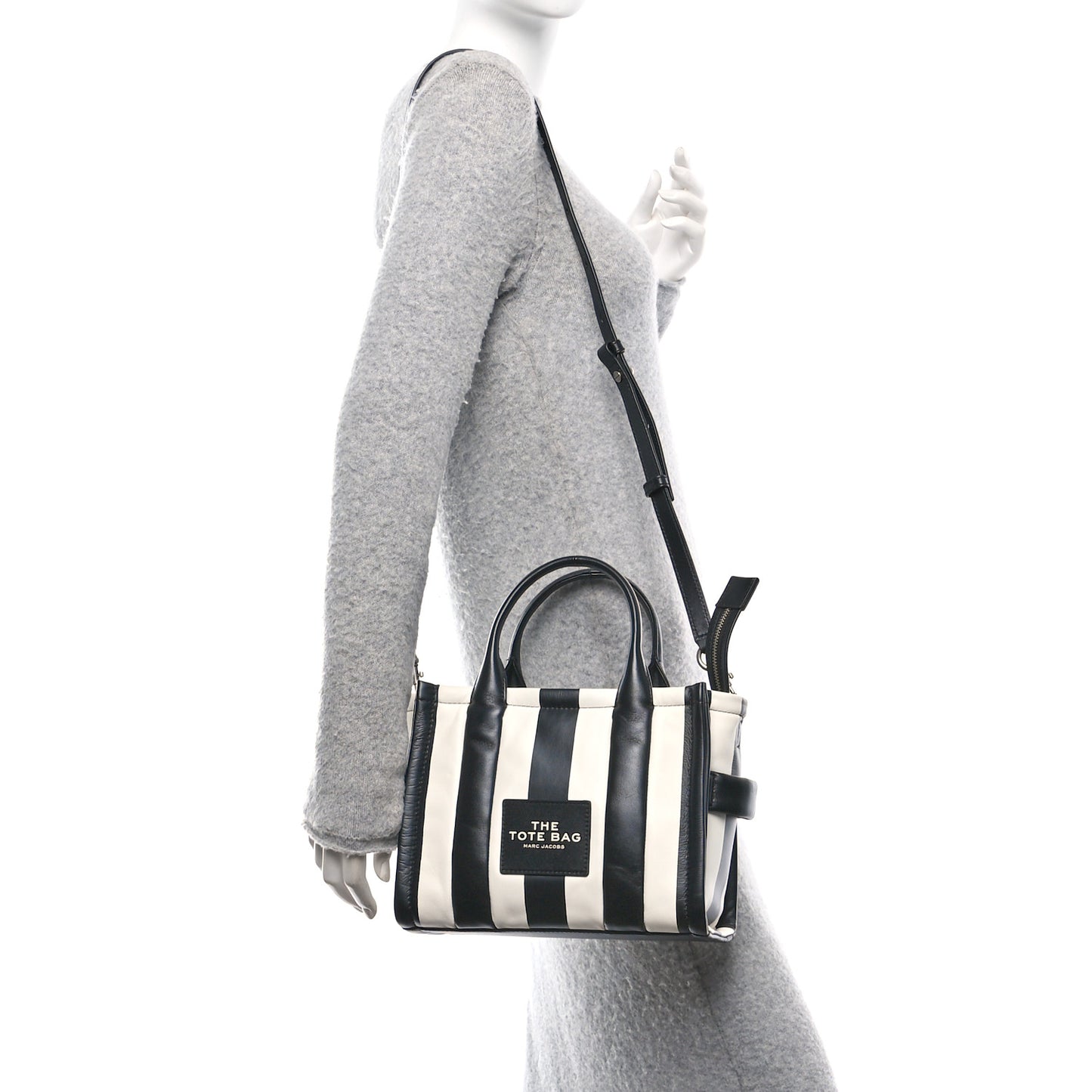 Calfskin Striped Small The Traveler Tote Bag Black White