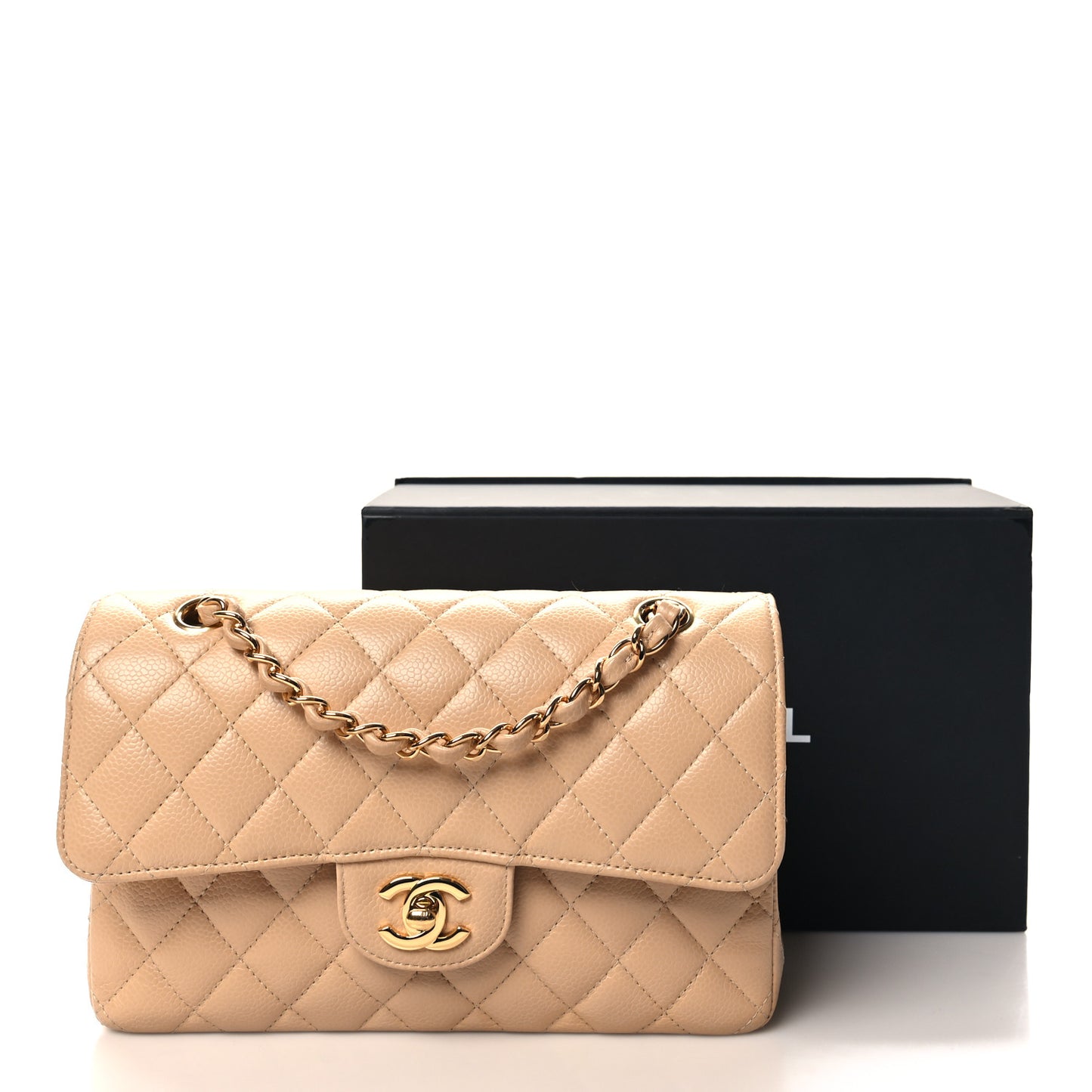 Caviar Quilted Small Double Flap Beige
