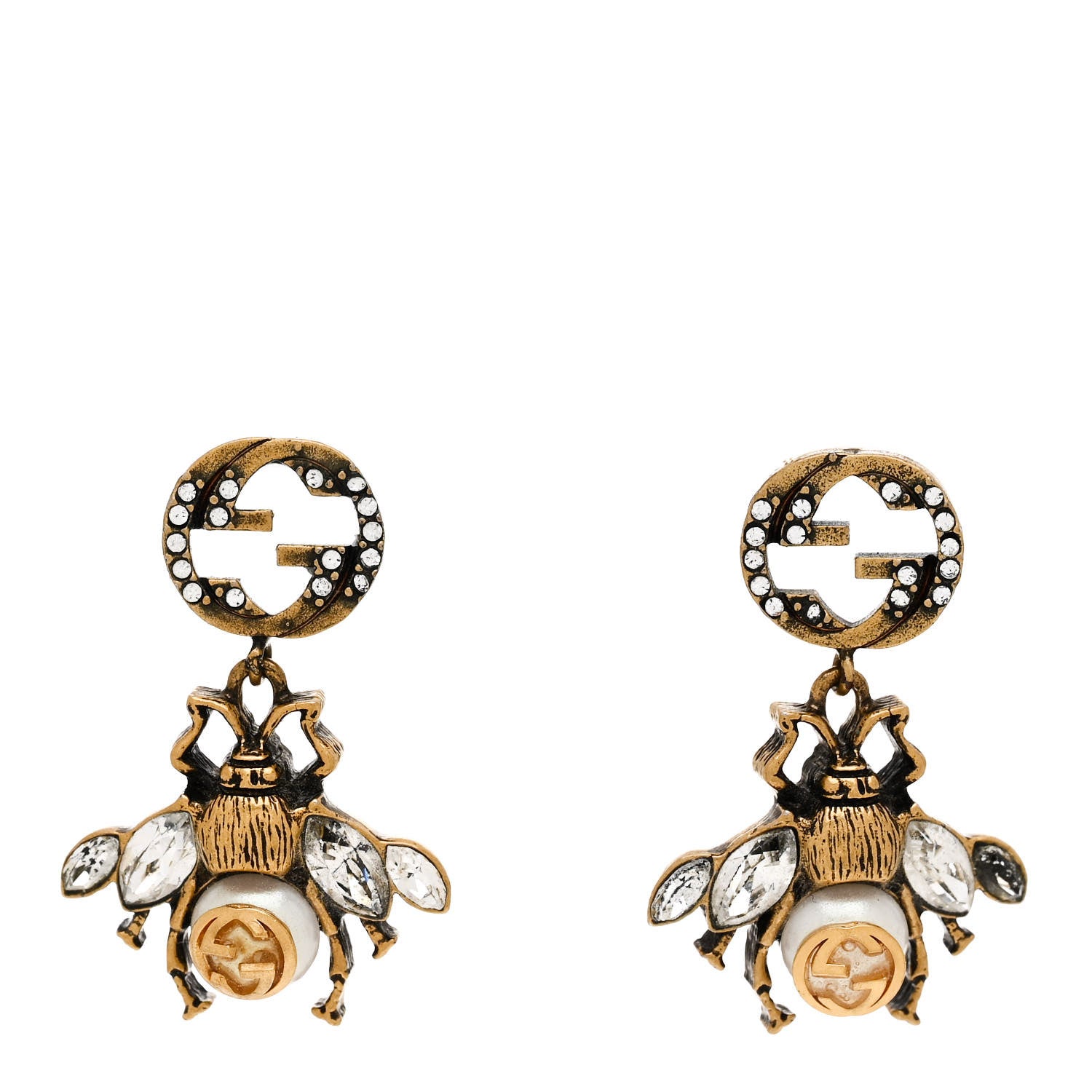 Gucci Crystal Pearl GG Drop Bee Earrings Gold 1 of 5