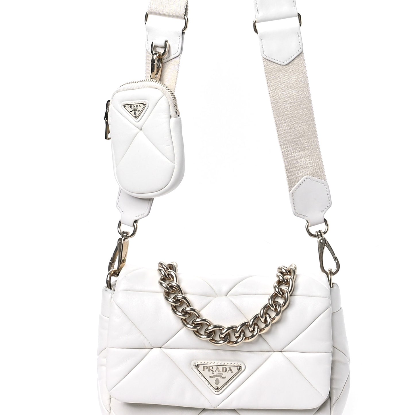 Nappa Re-Nylon Triangle Quilted Patchwork System Flap Shoulder Bag White