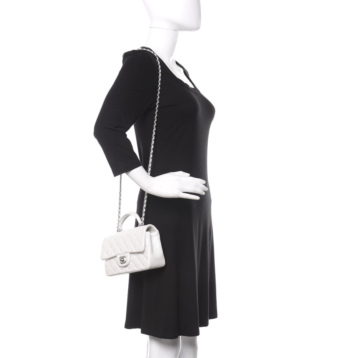 Iridescent Caviar Quilted Mini Top Handle Rectangular Flap White