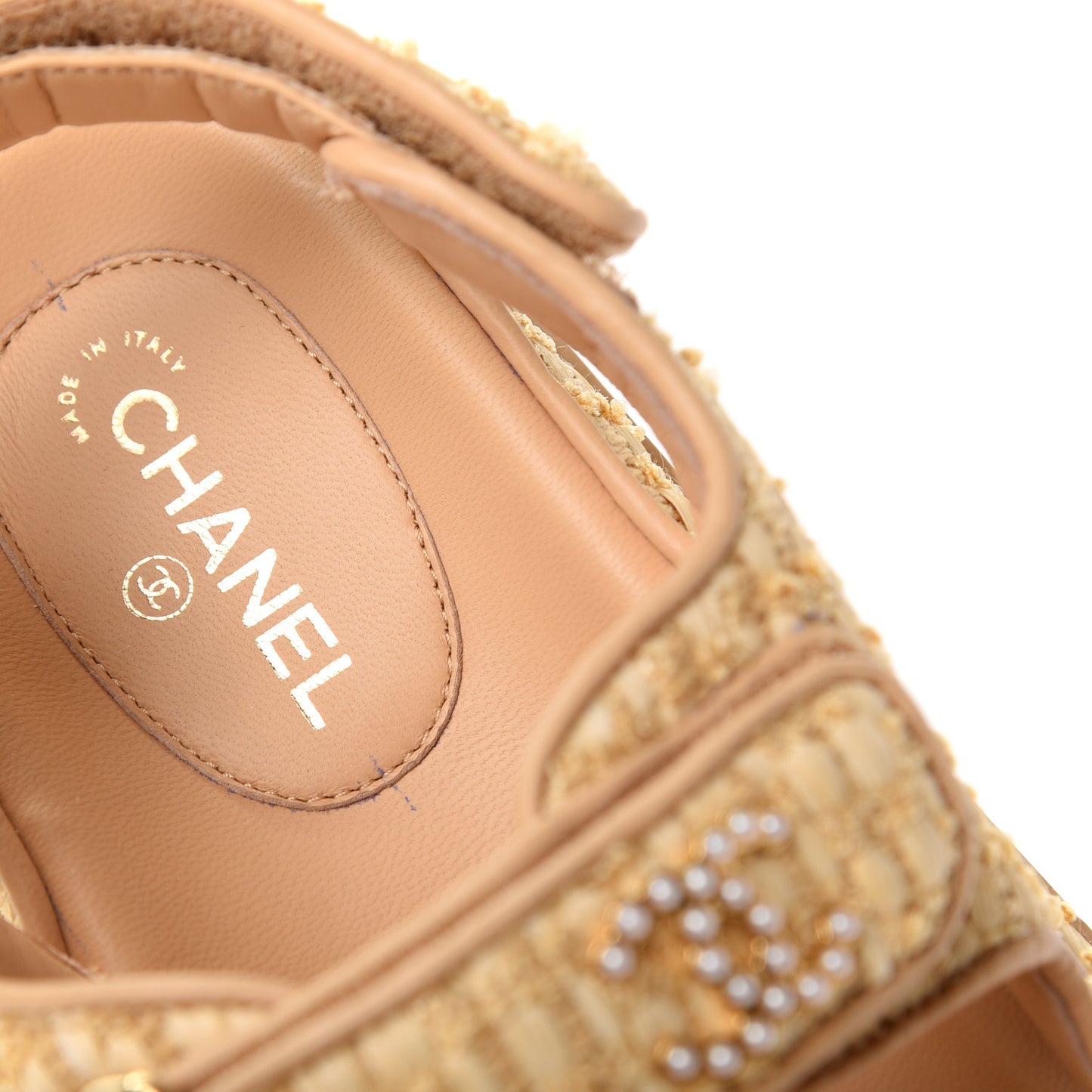 Raffia Pearl Velcro Dad Sandals 37 Beige