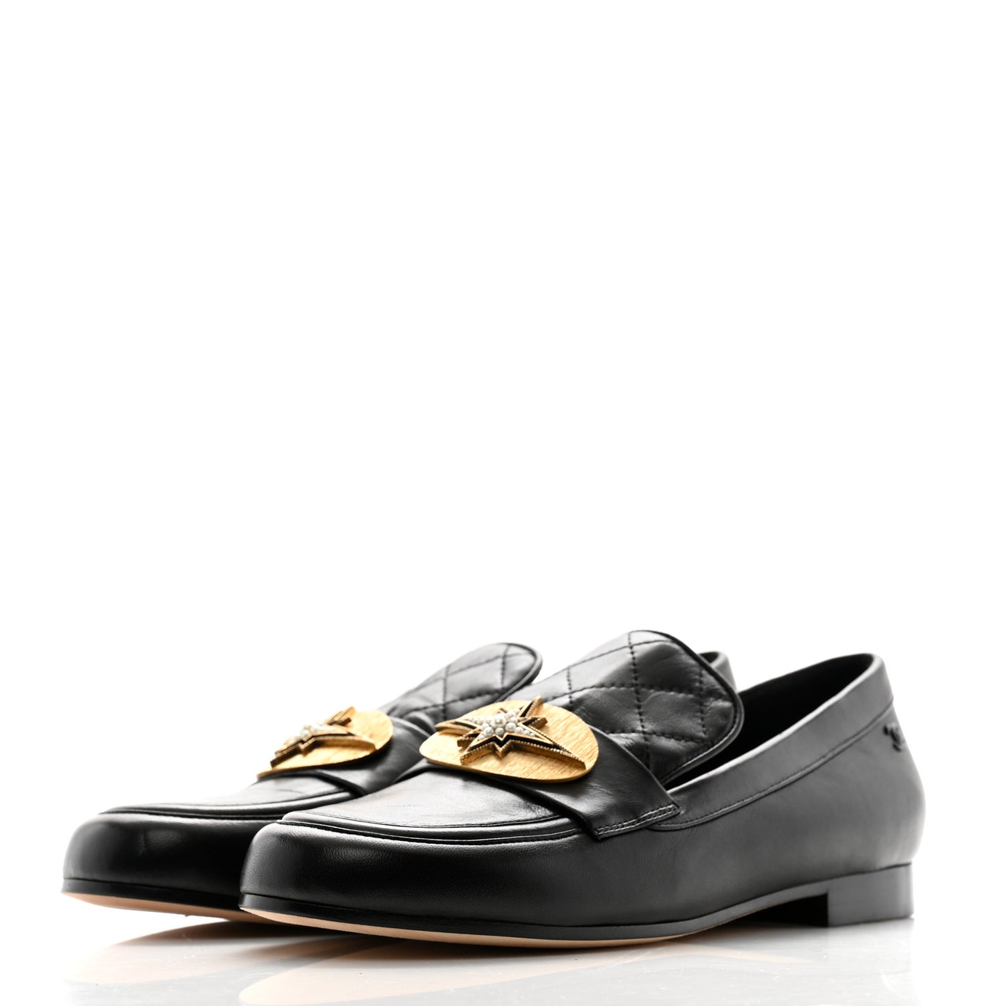 Lambskin Quilted Pearl Embellished Mocassin Loafers 35 Black