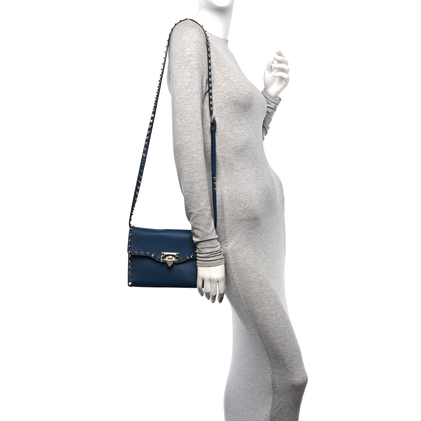 Pebbled Calfskin Medium Rockstud Flip Lock Crossbody Bag Peacock