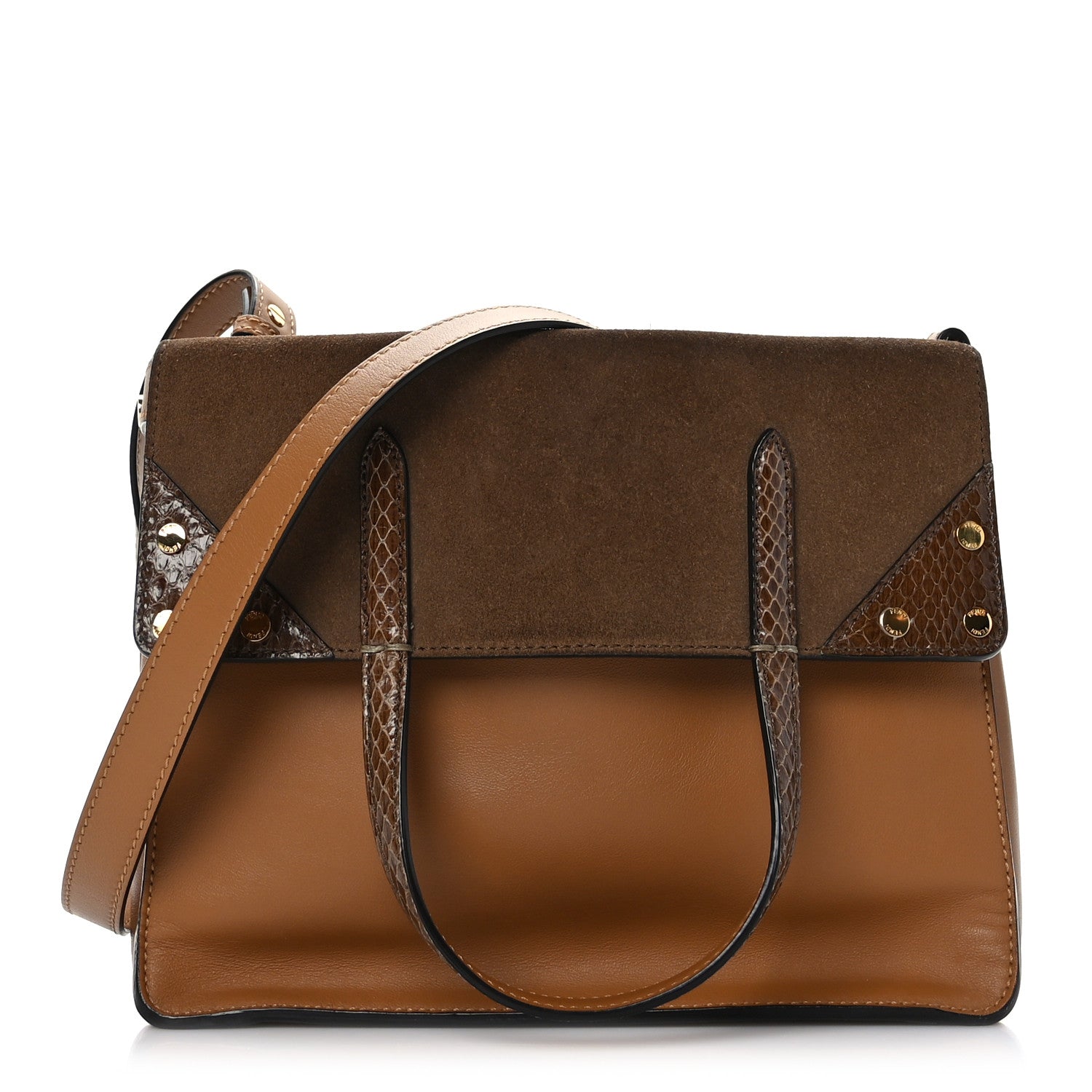 Fendi Vitello Grace Suede Snakeskin Small Flip Tote Nocciola Light Brown Marrone 1 of 11