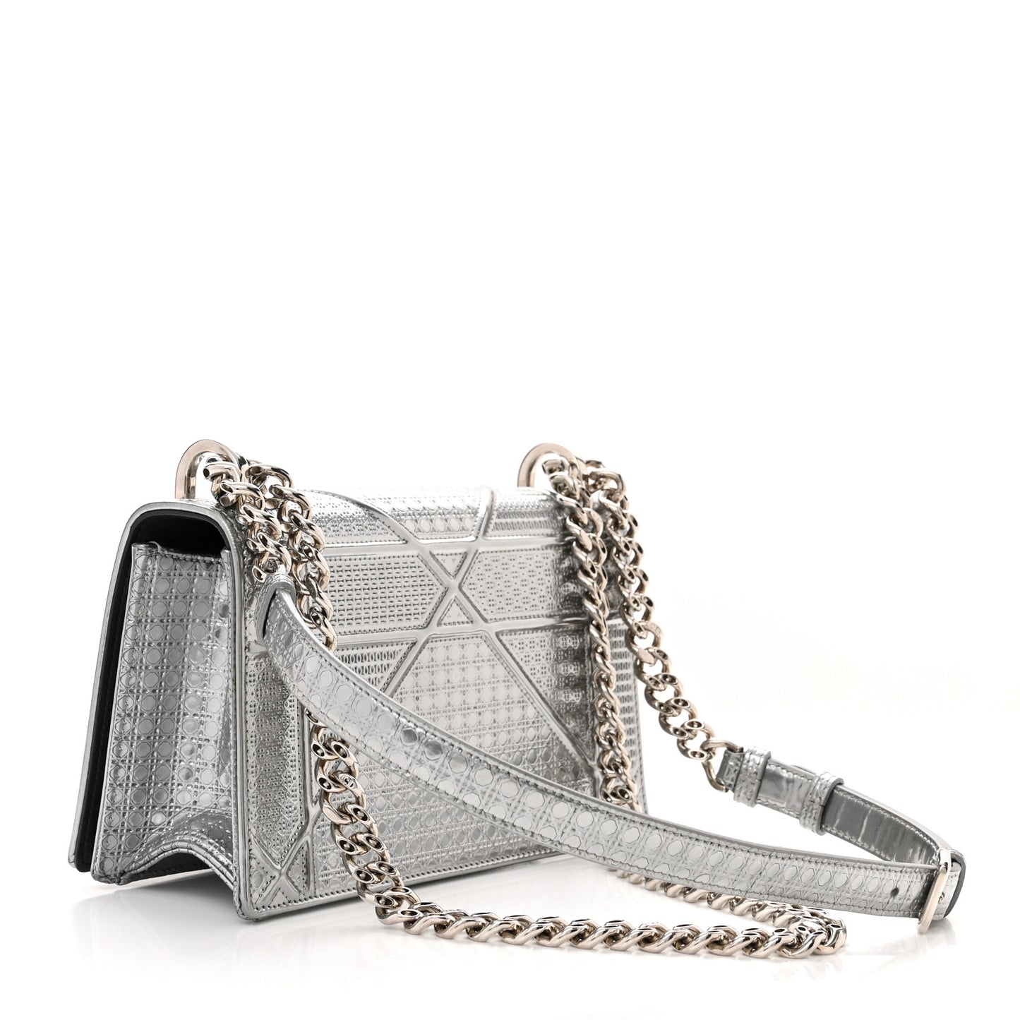Metallic Patent Micro-Cannage Small Diorama Flap Bag Silver