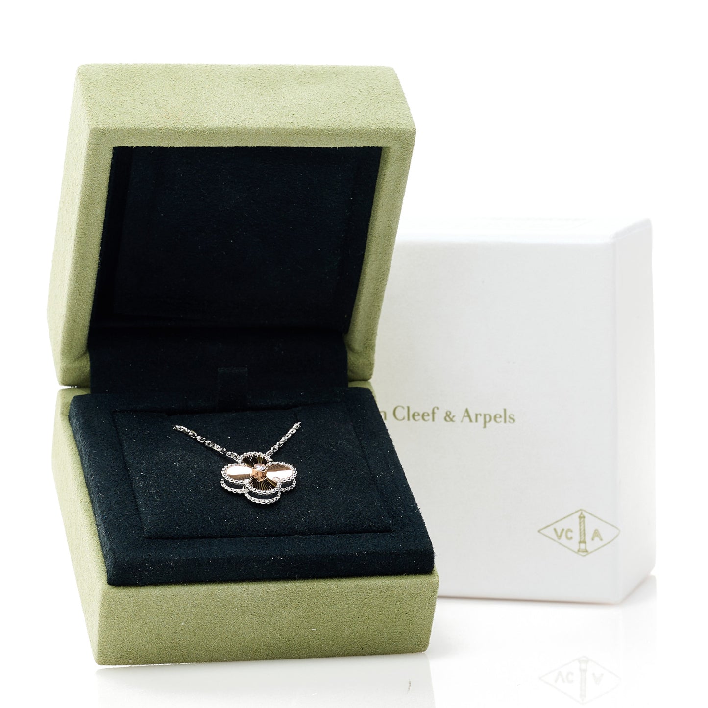18K White Rose Gold Diamond Guilloche Vintage Alhambra Pendant Necklace