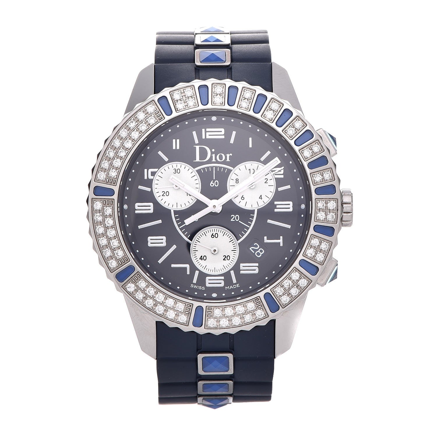 Christian Dior Stainless Steel Rubber Diamond Blue Sapphire 38mm