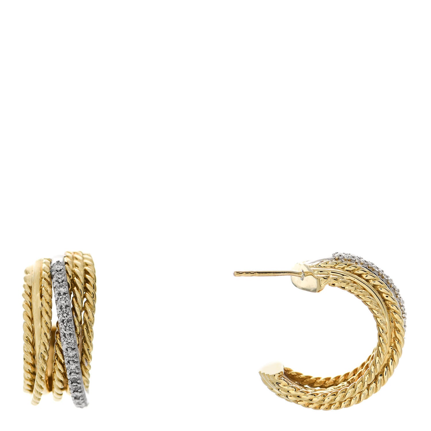 David Yurman 18K Yellow White Gold Diamond Crossover Cable Hoop Earrings 1 of 4