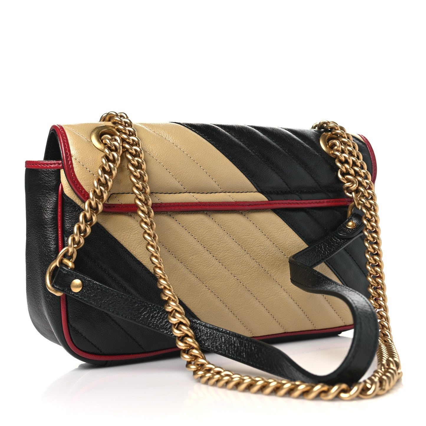 Vintage Effect Calfskin Matelasse Diagonal Striped Small Torchon GG Marmont Shoulder Bag Black Beige