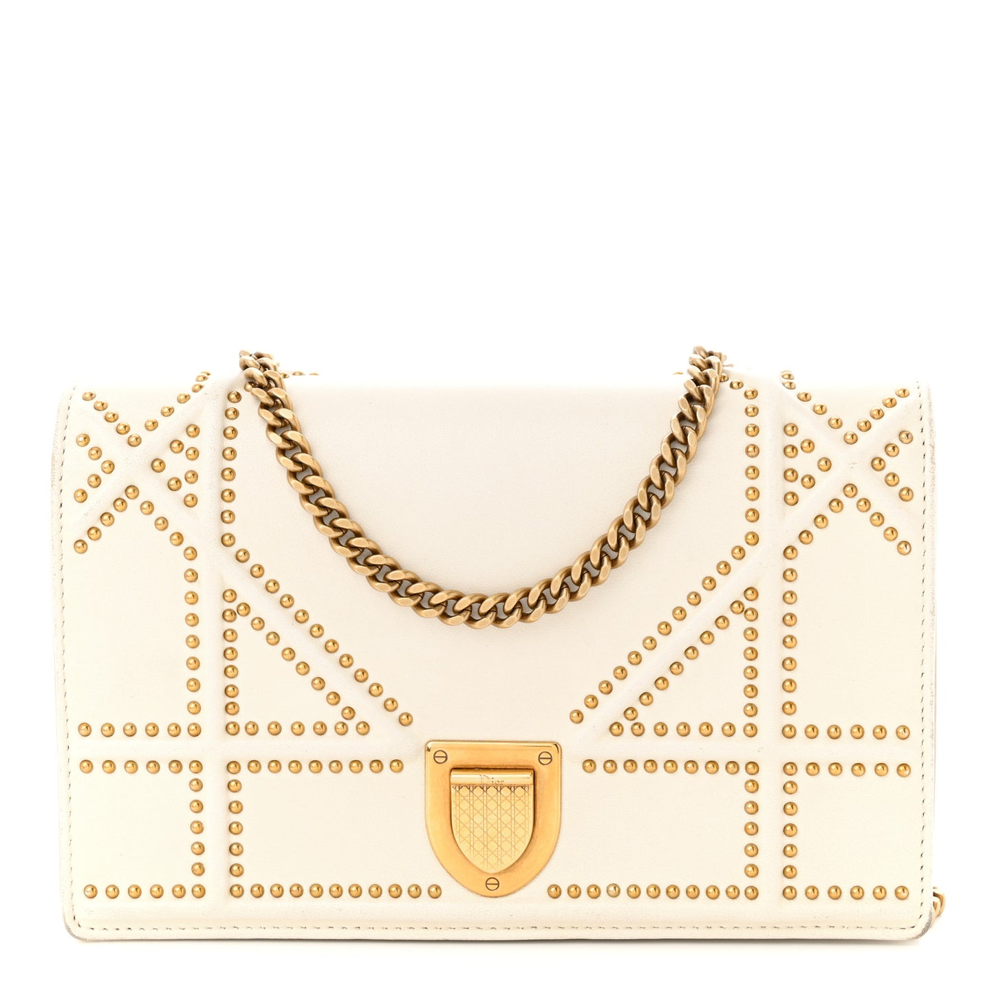 Lambskin Studded Diorama Wallet on Chain Pouch Off White