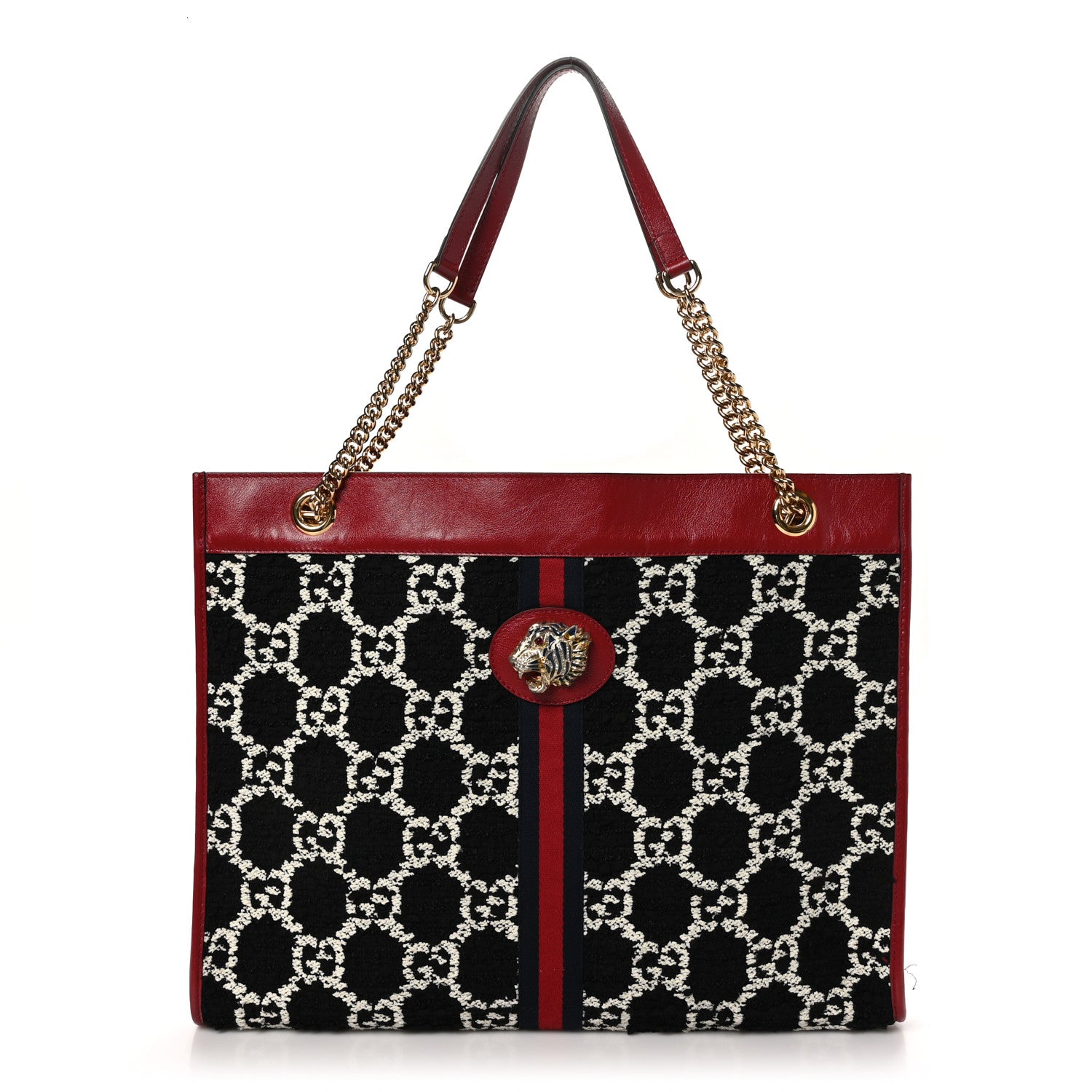 Gucci Tweed GG Monogram Large Rajah Chain Tote Romantic Cherry Black White 1 of 13