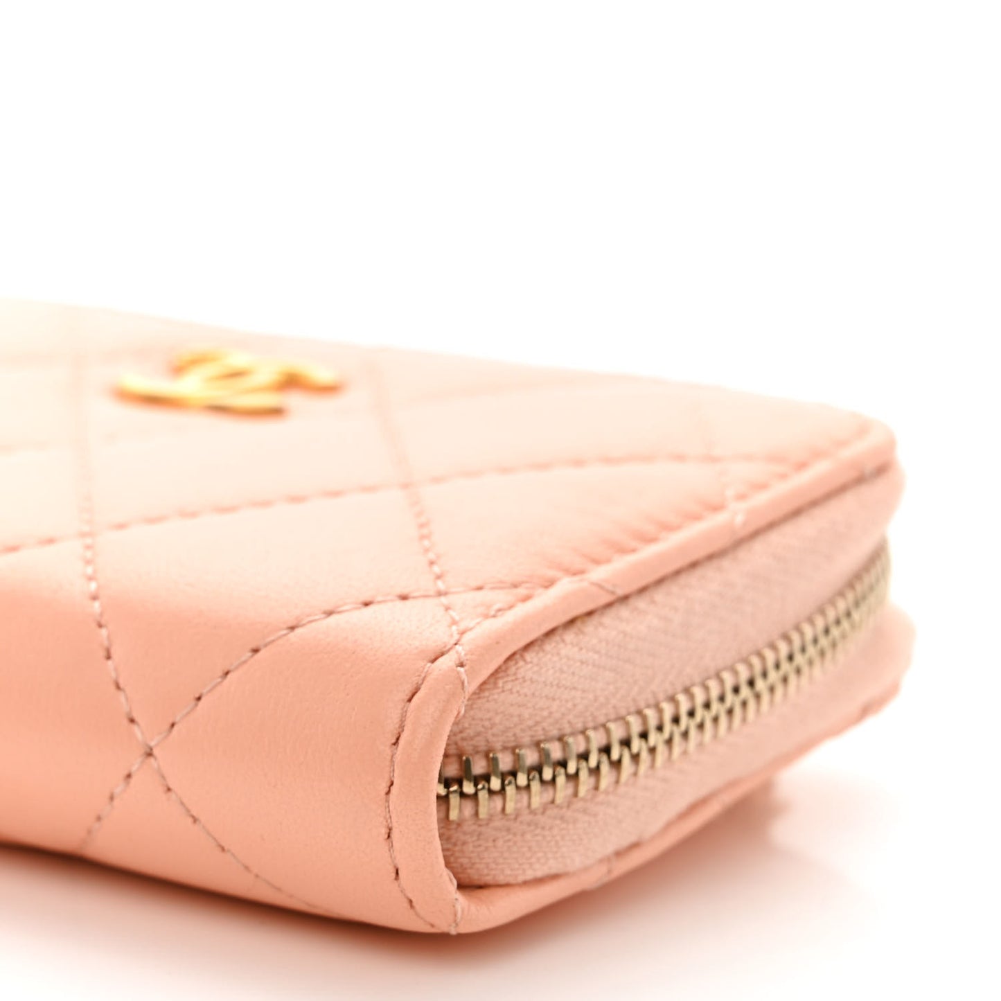 Lambskin Quilted CC Pearl Crush Zip Card Holder On Chain Pink