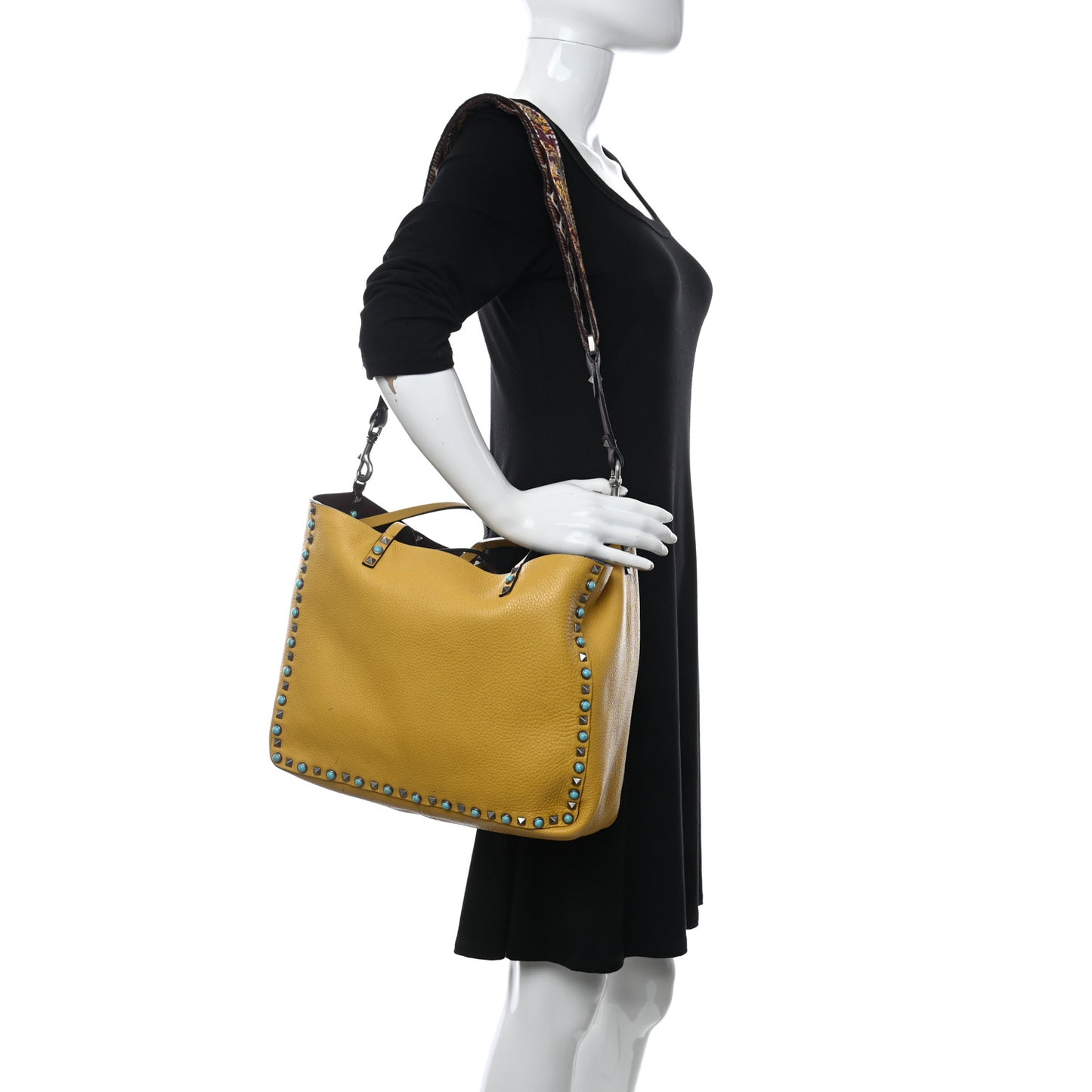 Stampa Alce Calfskin Medium Guitar Strap Rockstud Rolling Reversible Tote Wine Yellow