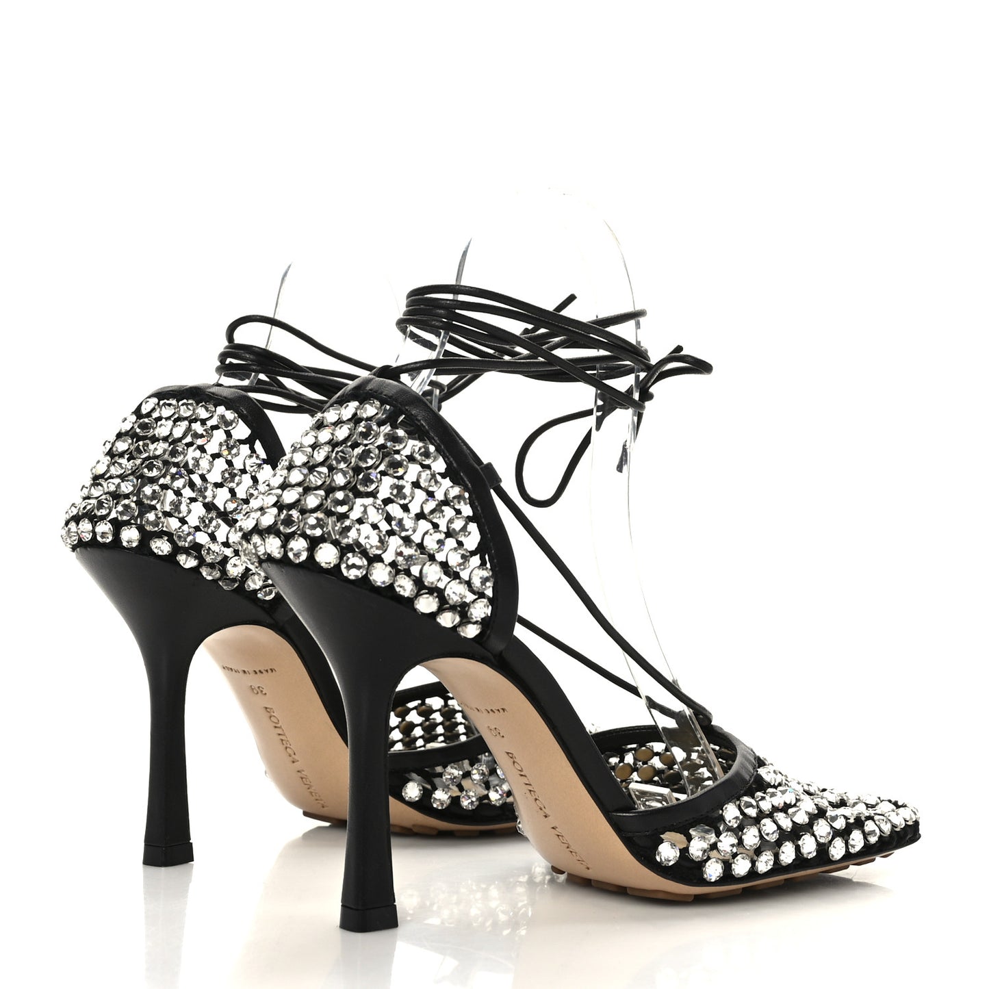Mesh Nappa Crystal Embellished Sparkle Stretch Ankle Tie Sandals 39 Black