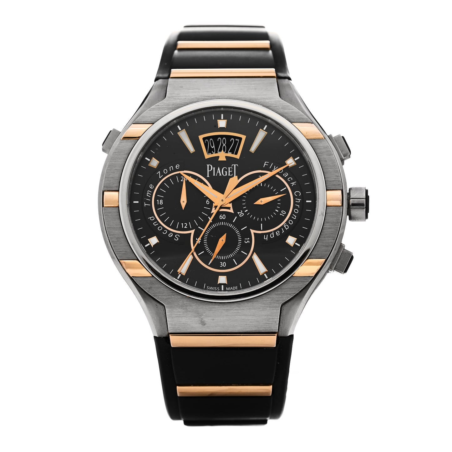 18K Rose Gold Titanium Rubber 45mm Polo FortyFive Flyback Chronograph Automatic Watch Black