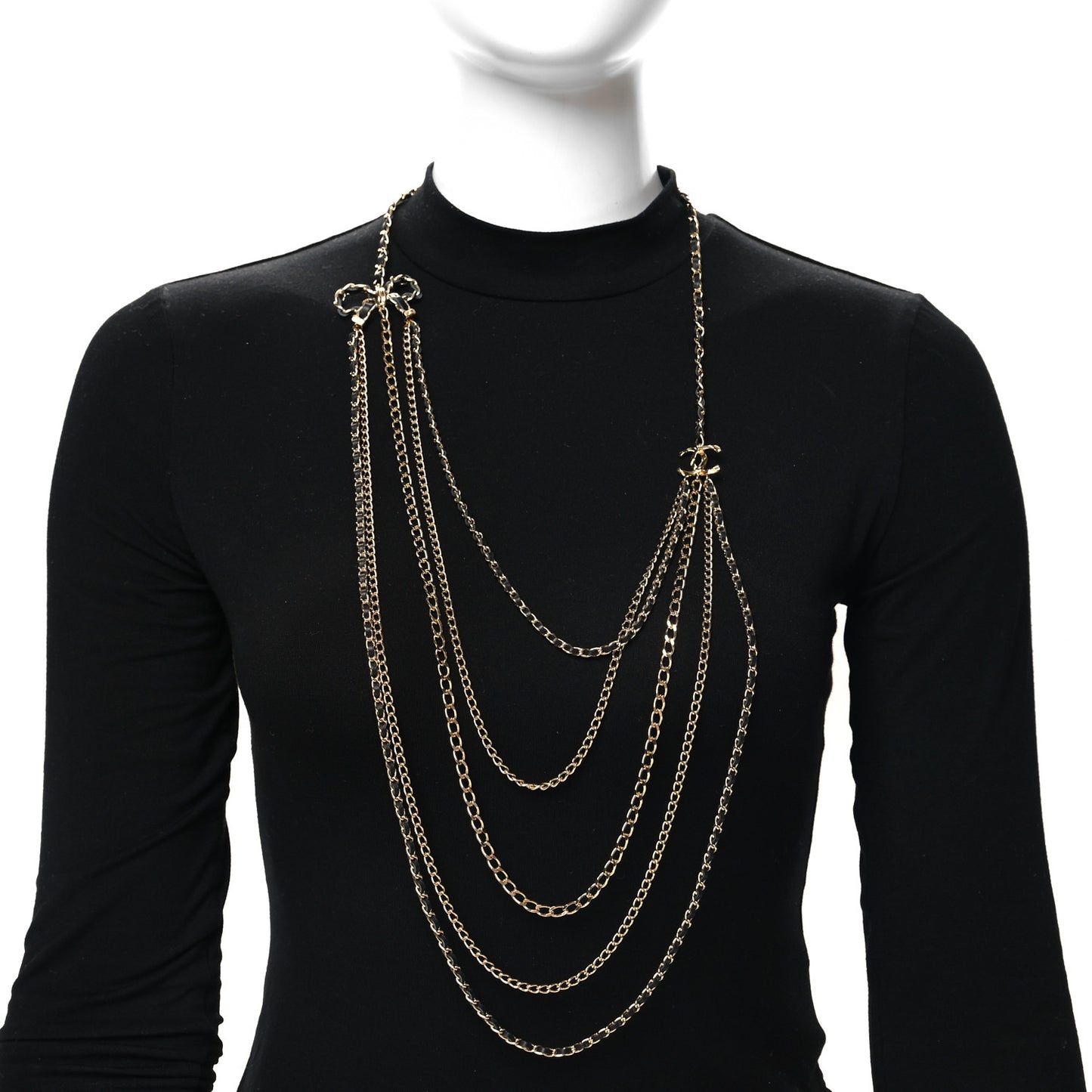 Lambskin Bow CC Multistrand Long Necklace Gold Black