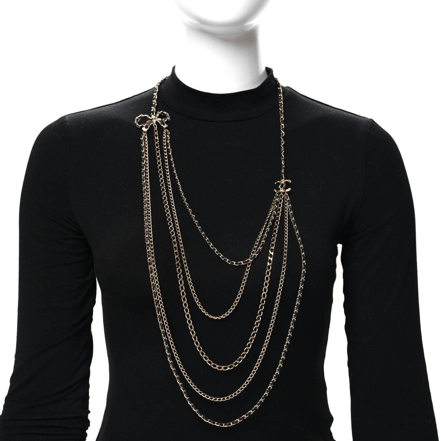 Chanel Lambskin Bow CC Multistrand Long Necklace Gold Black 2 of 5