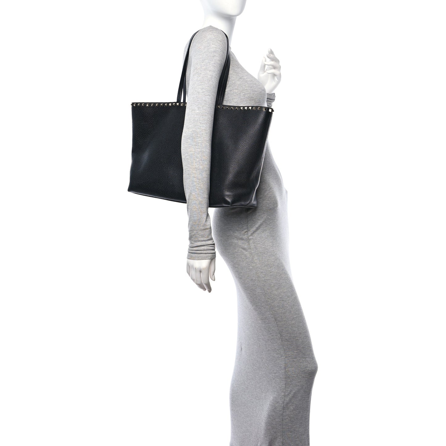 Grained Calfskin Rockstud Shoulder Tote Black