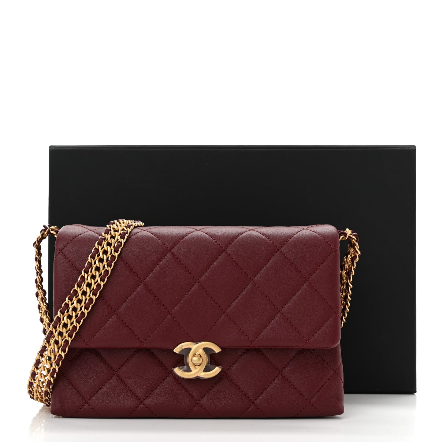 Calfskin Quilted Mini Chain Strap Flap Dark Brown
