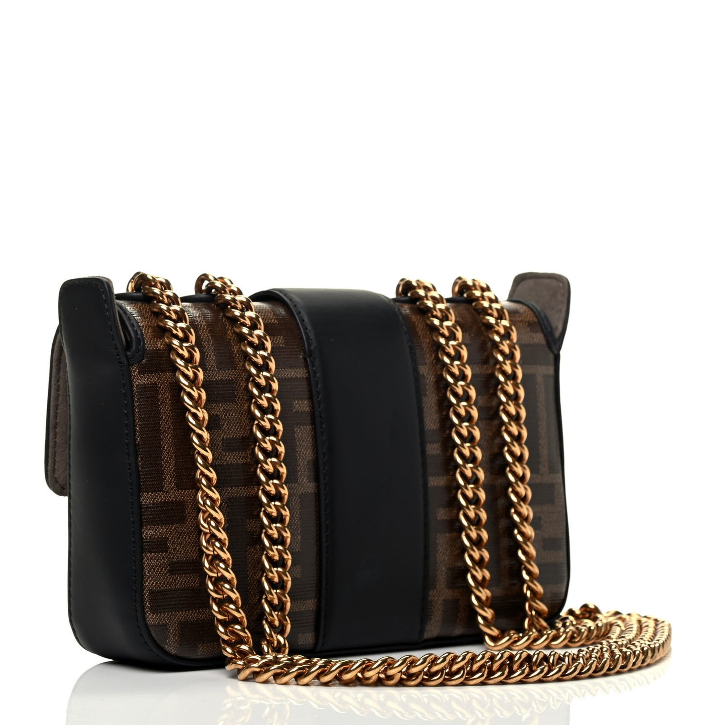 Glazed Fabric Vitello Century FF 1974 Stamp Patch Mini Double F Crossbody Bag Mogano Panna Black
