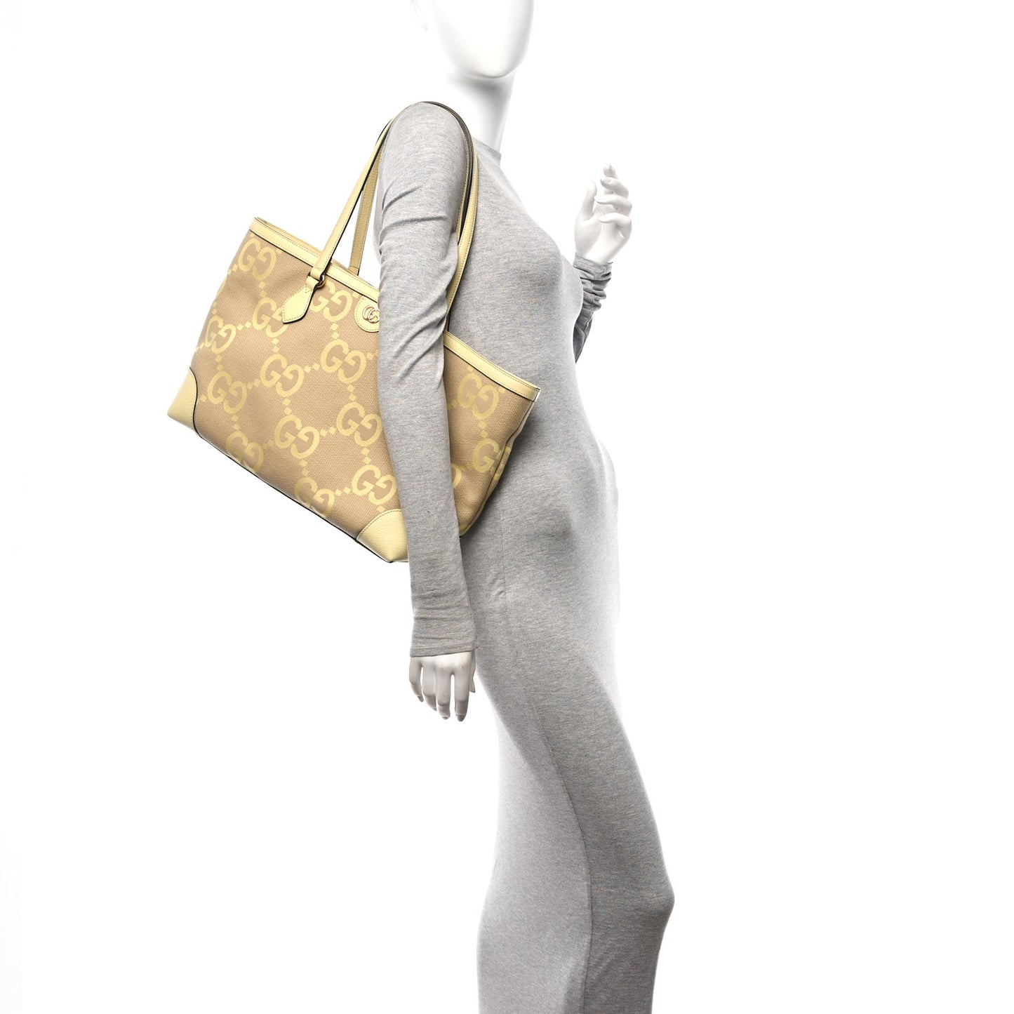 Monogram Jumbo GG Textured Dollar Calfskin Medium Ophidia Shopping Tote Beige Yellow