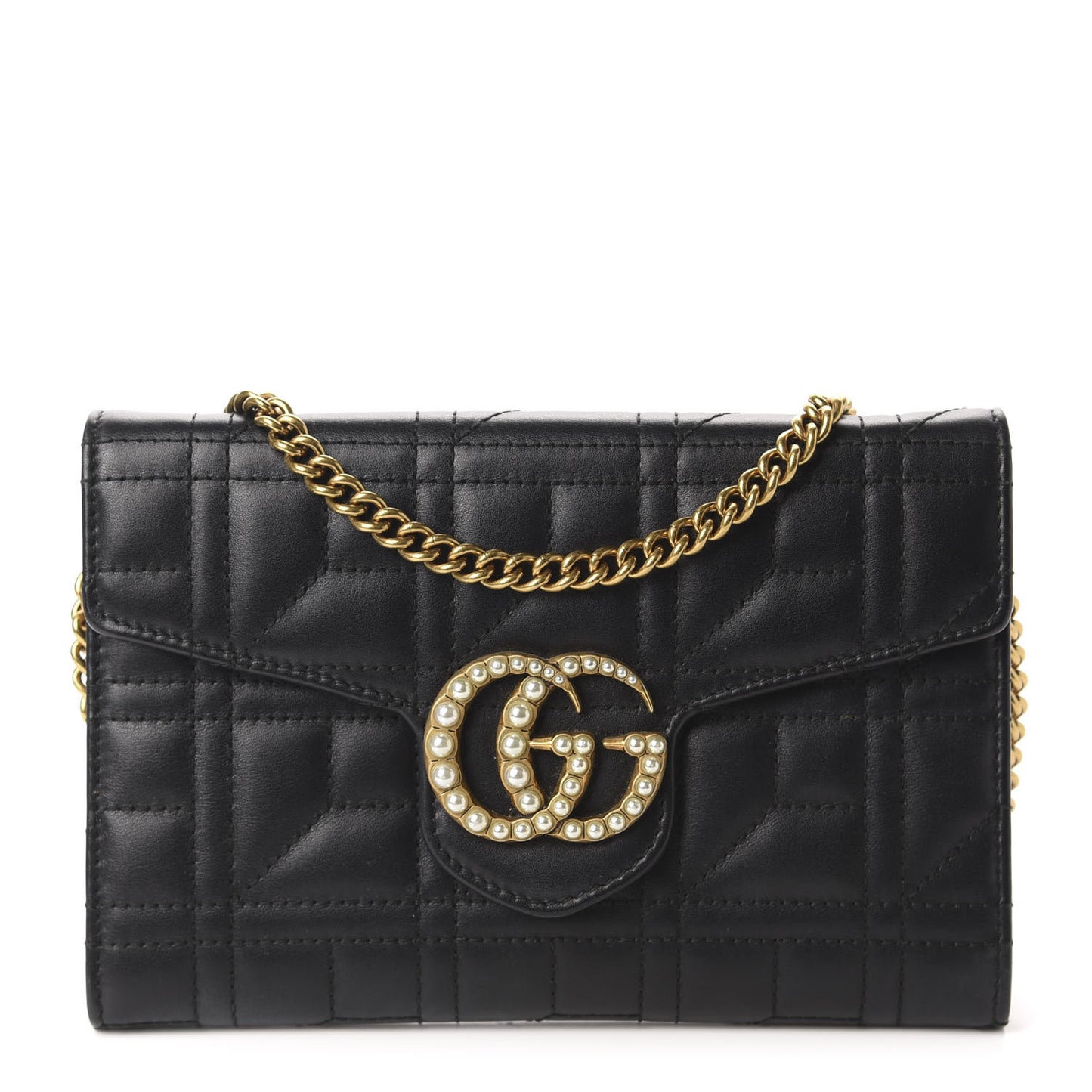Calfskin Matelasse Mini Pearly GG Marmont Chain Wallet Black