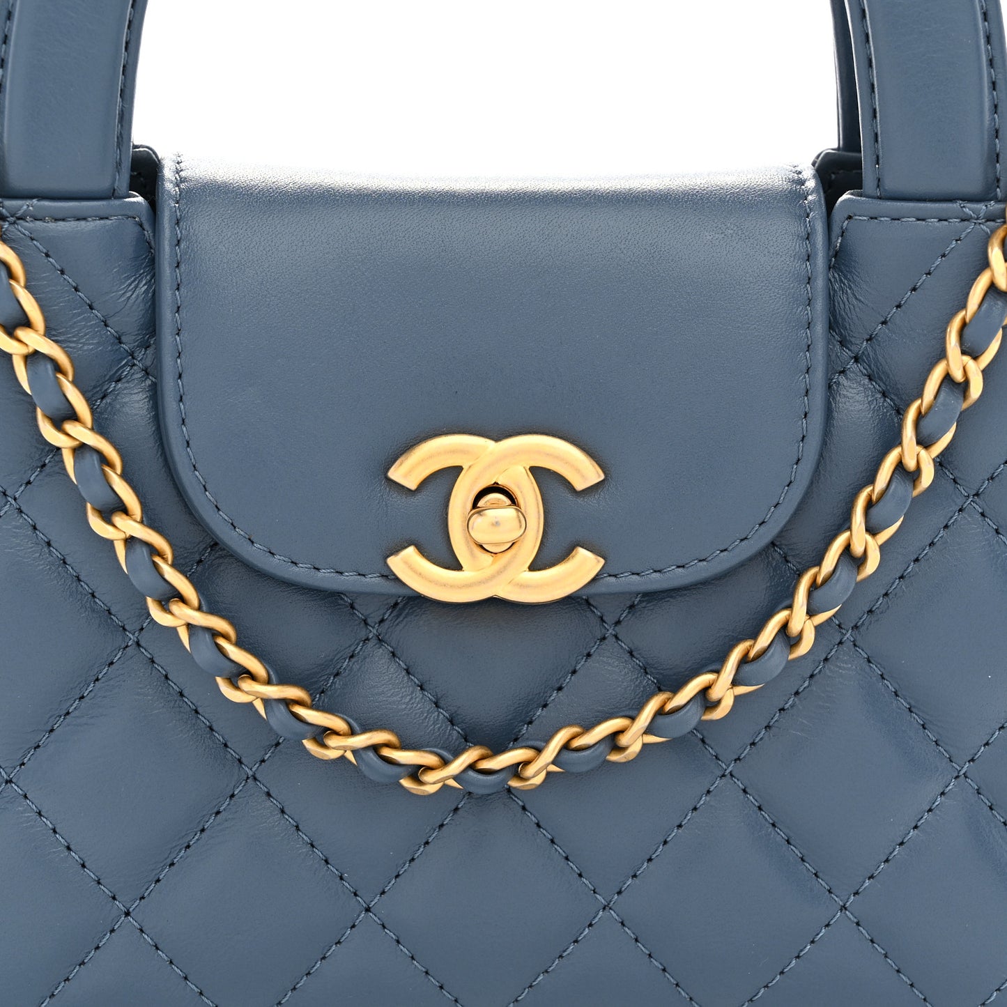 Shiny Aged Calfskin Quilted Nano Kelly Shopper Dark Blue