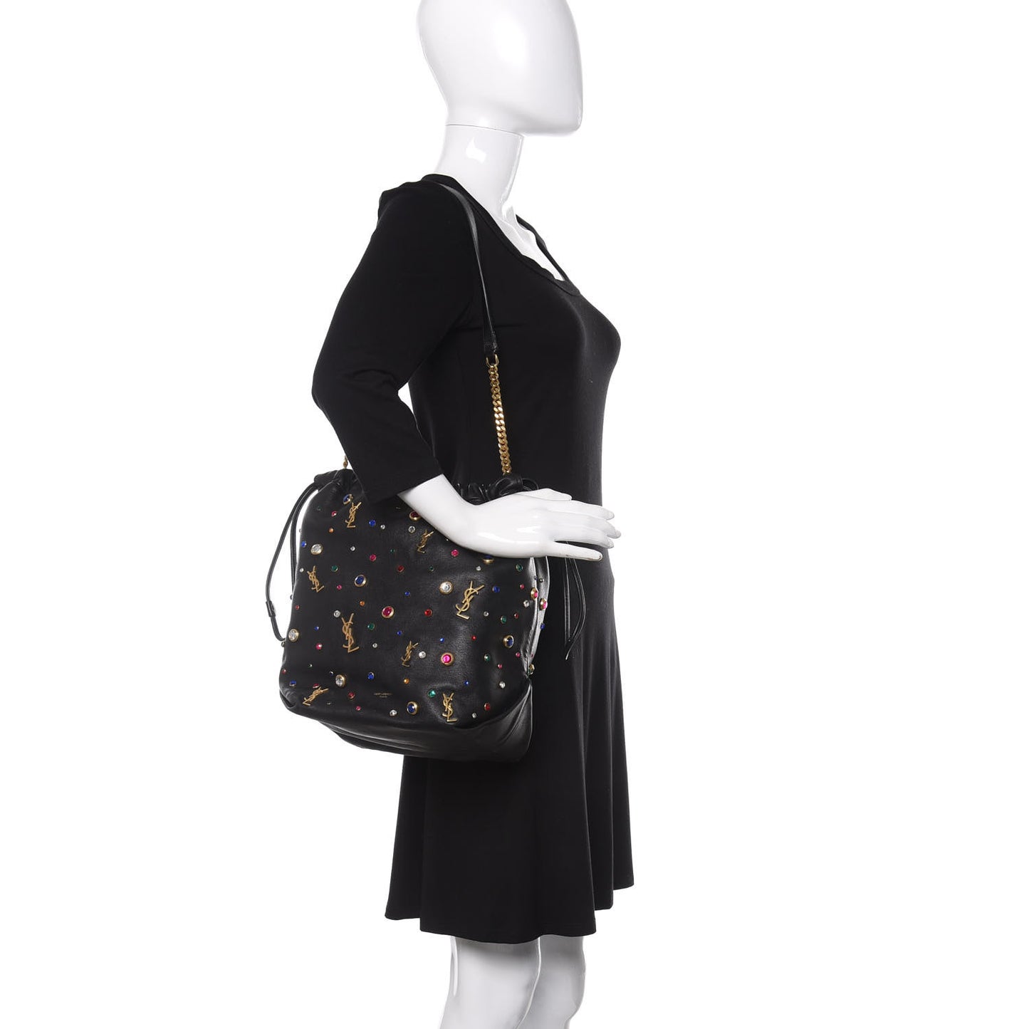 Lambskin Charm Studded Teddy Drawstring Bag Black
