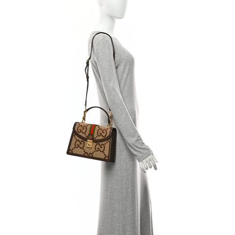 Monogram Jumbo GG Textured Dollar Calfskin Web Small Ophidia Padlock Top Handle Bag Camel Ebony New Acero