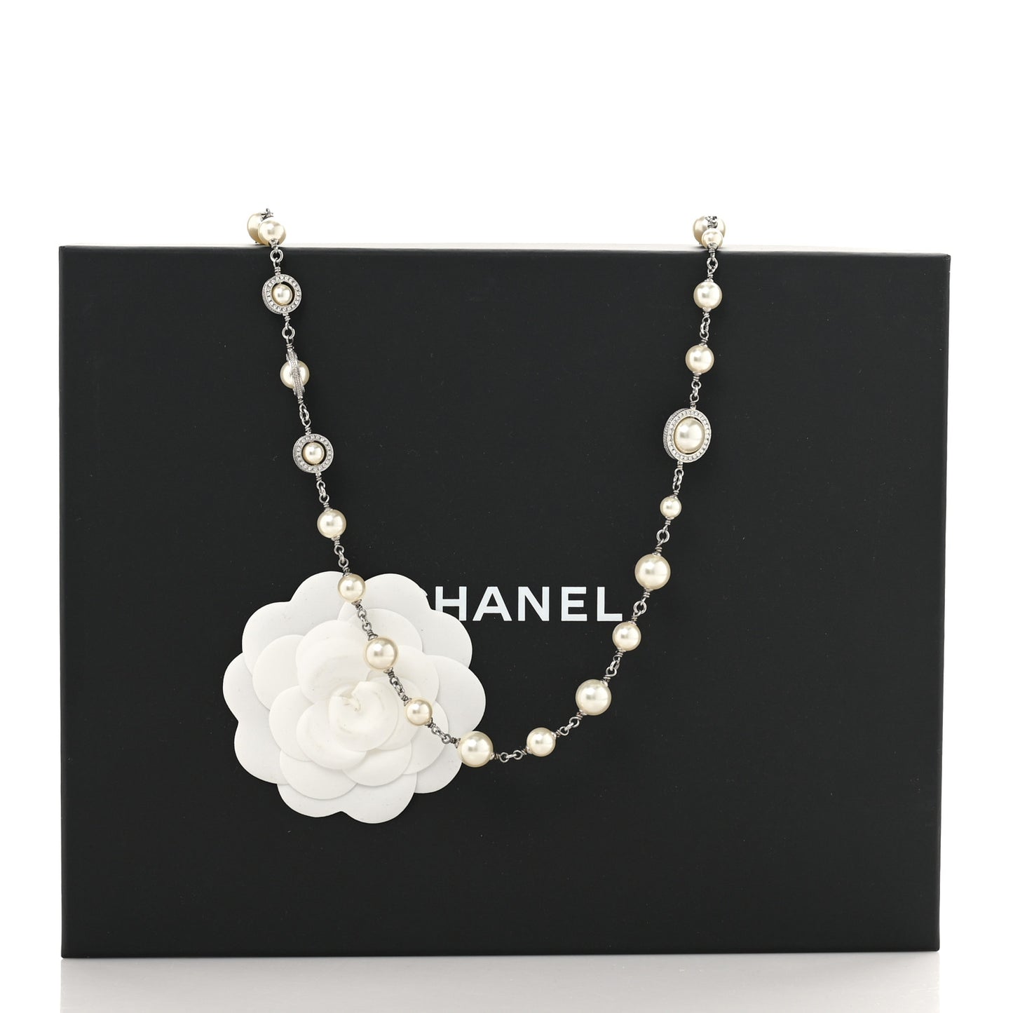 Graduated Pearl Crystal CC Long Necklace Silver