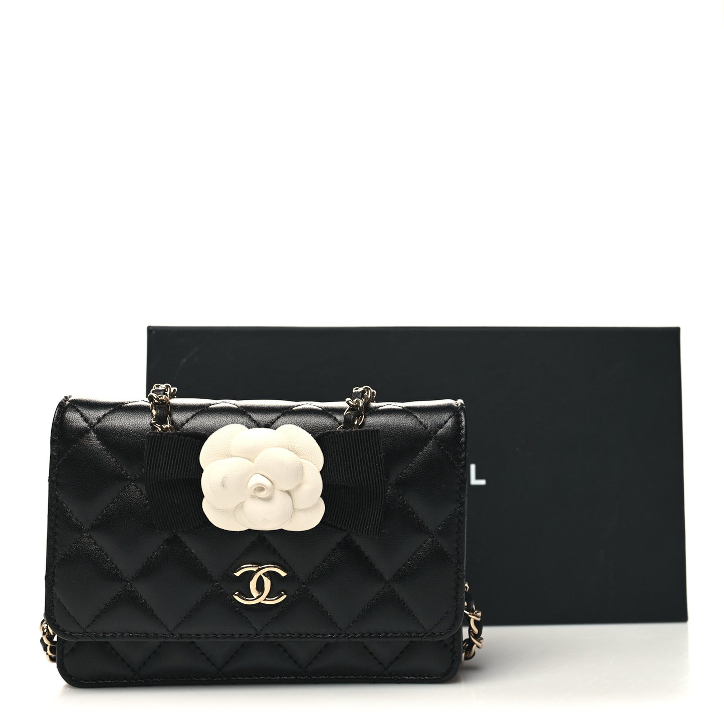 Lambskin Quilted Mini Camellia Bow Wallet On Chain WOC Black