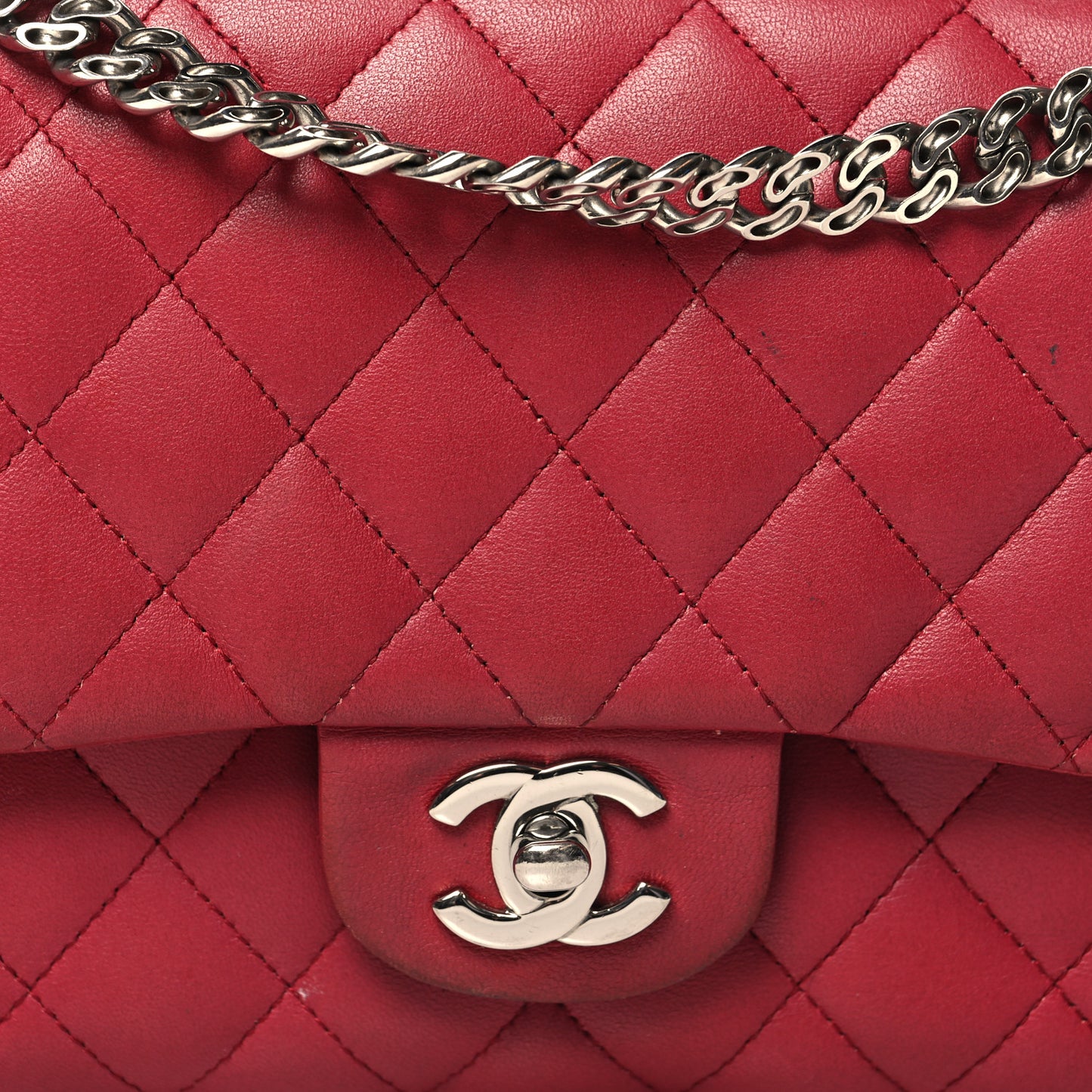 Glazed Lambskin Quilted Medium Double Flap Bijoux Chain Red