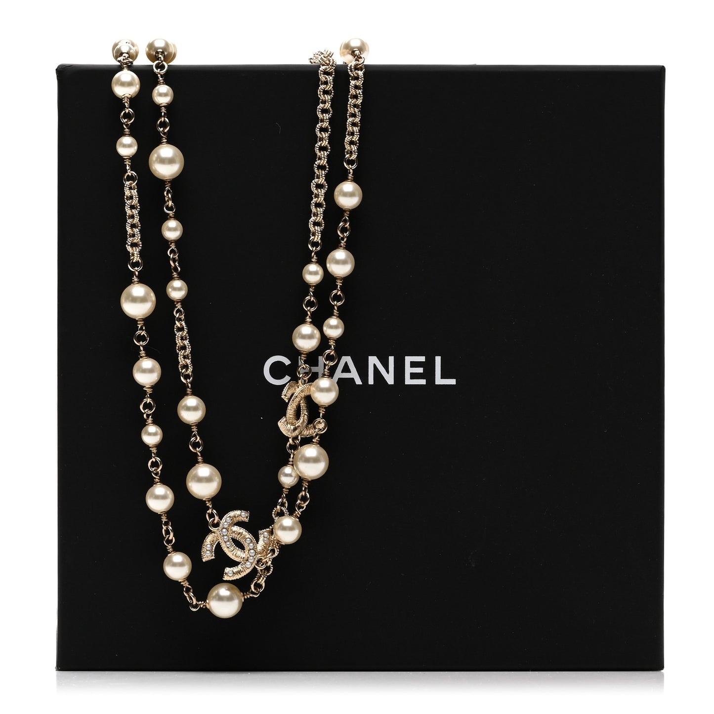 Pearl CC Long Necklace Light Gold