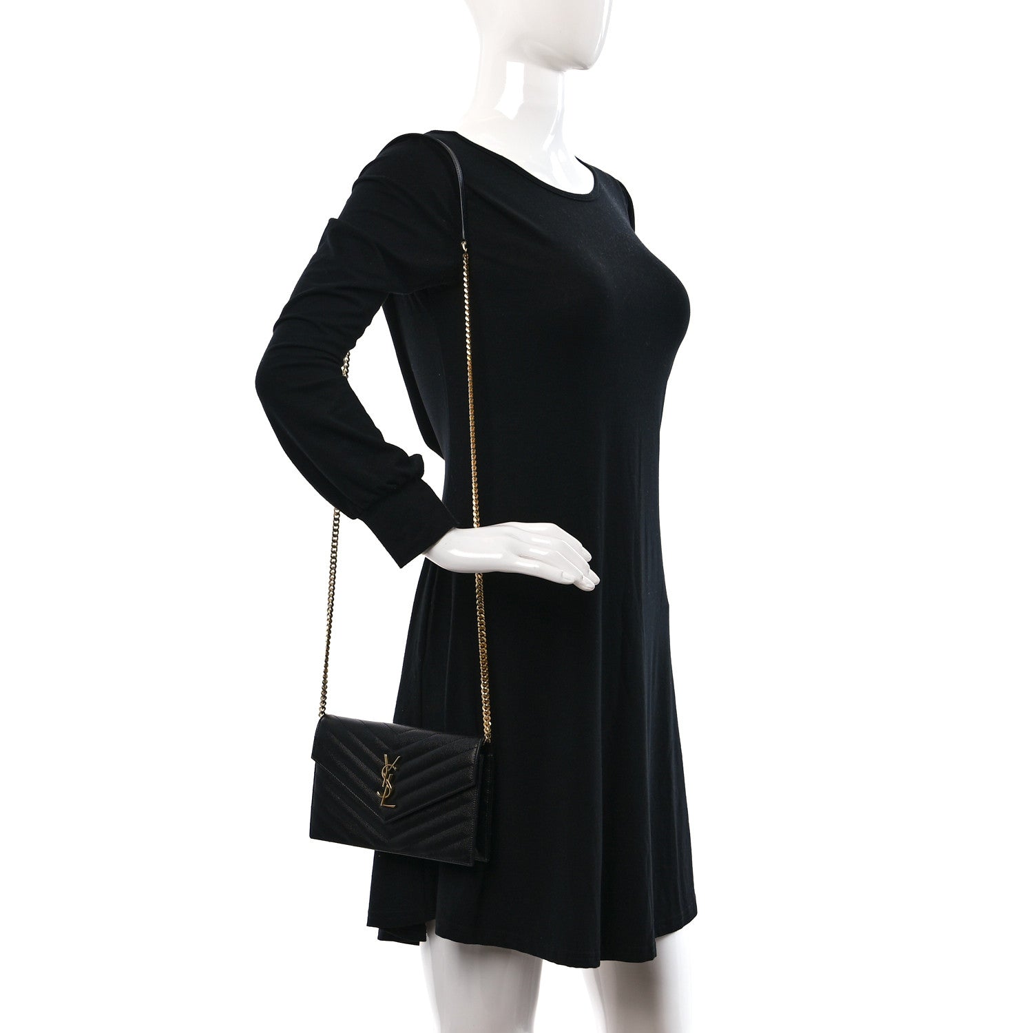 Saint Laurent Grain De Poudre Matelasse Chevron Monogram Envelope Chain Wallet Black 2 of 9