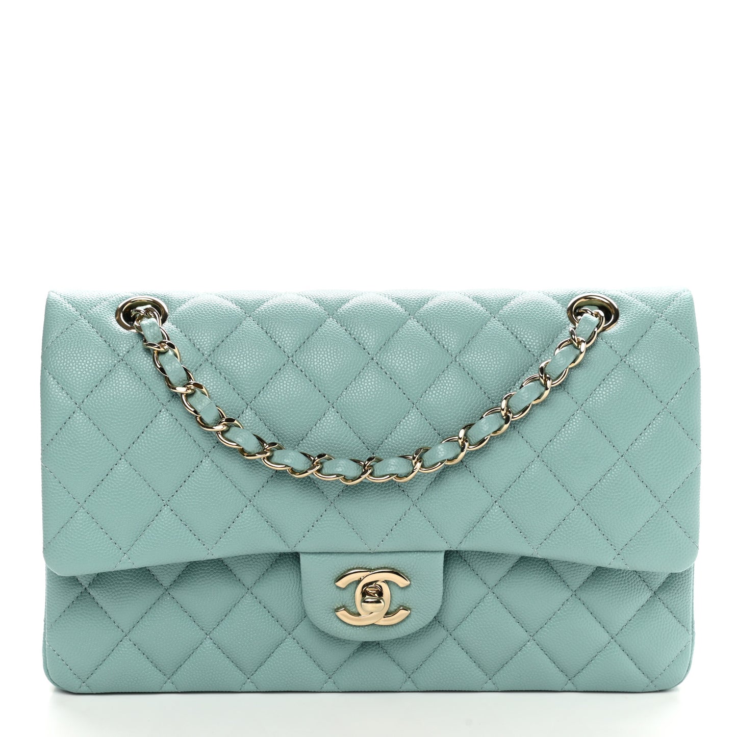 Caviar Quilted Medium Double Flap Light Blue