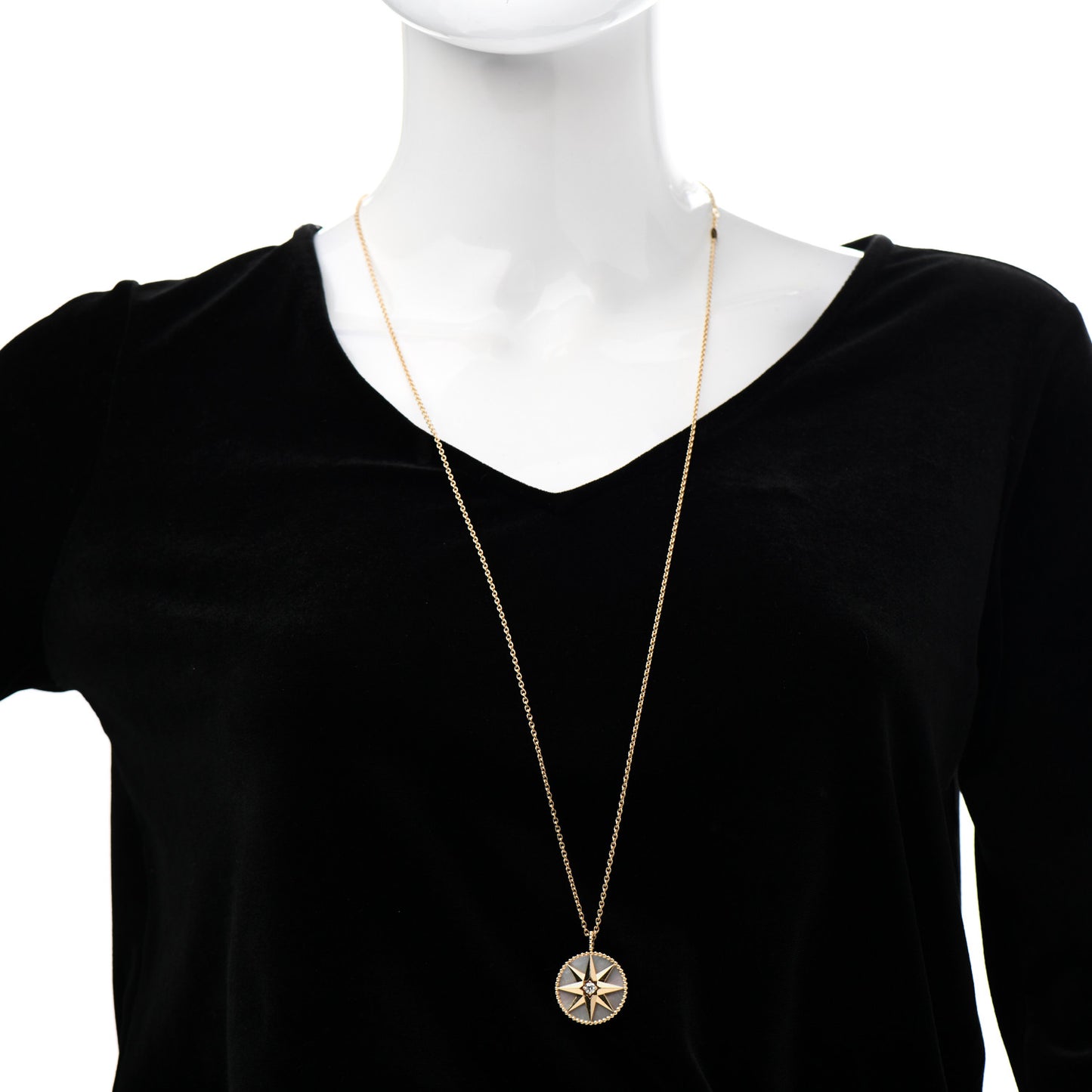 18K Yellow Gold Diamond Mother of Pearl Rose Des Vents Medallion Necklace