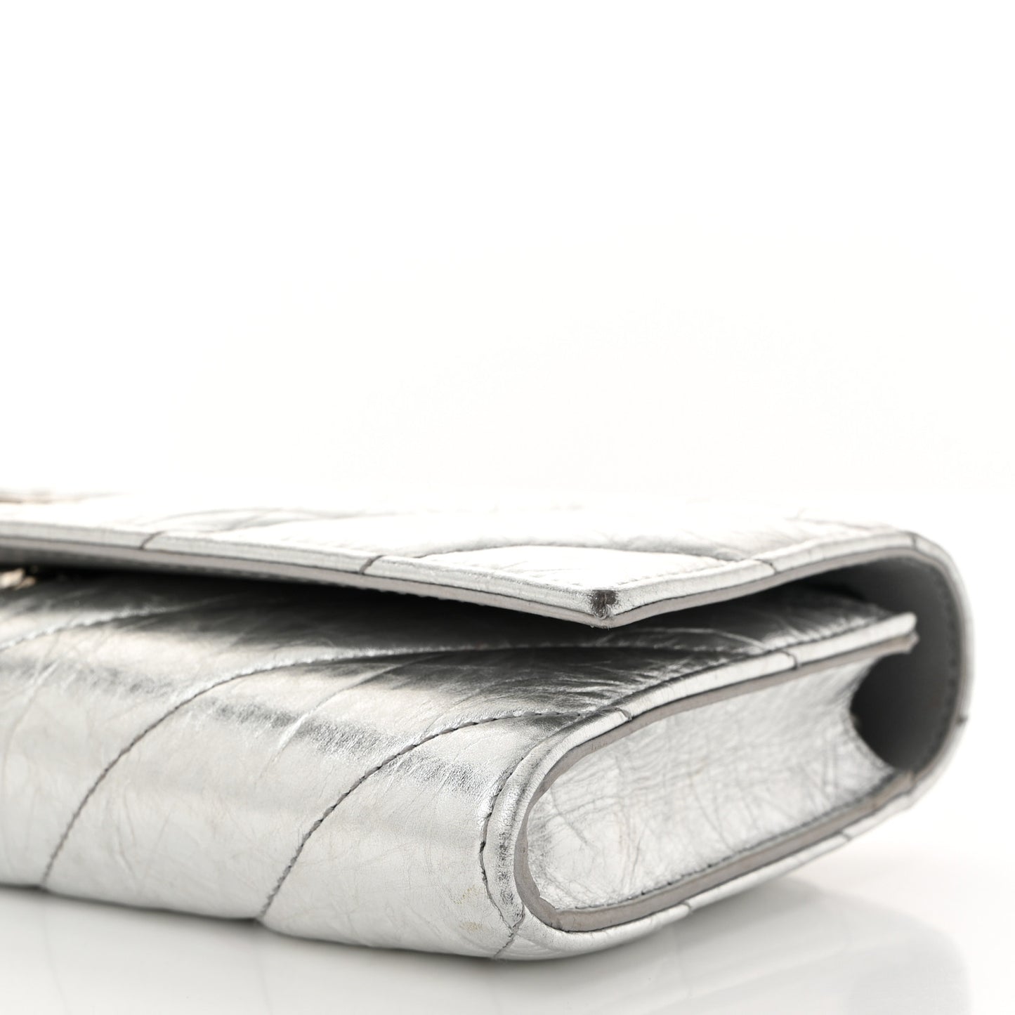 Metallic Calfskin Quilted Crush Wallet On Chain Silver
